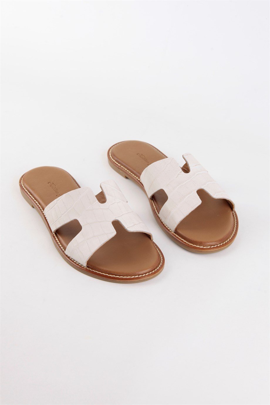 Хелен Бежевые Женские Тапочки из Натуральной Кожи с Кроко Принтом