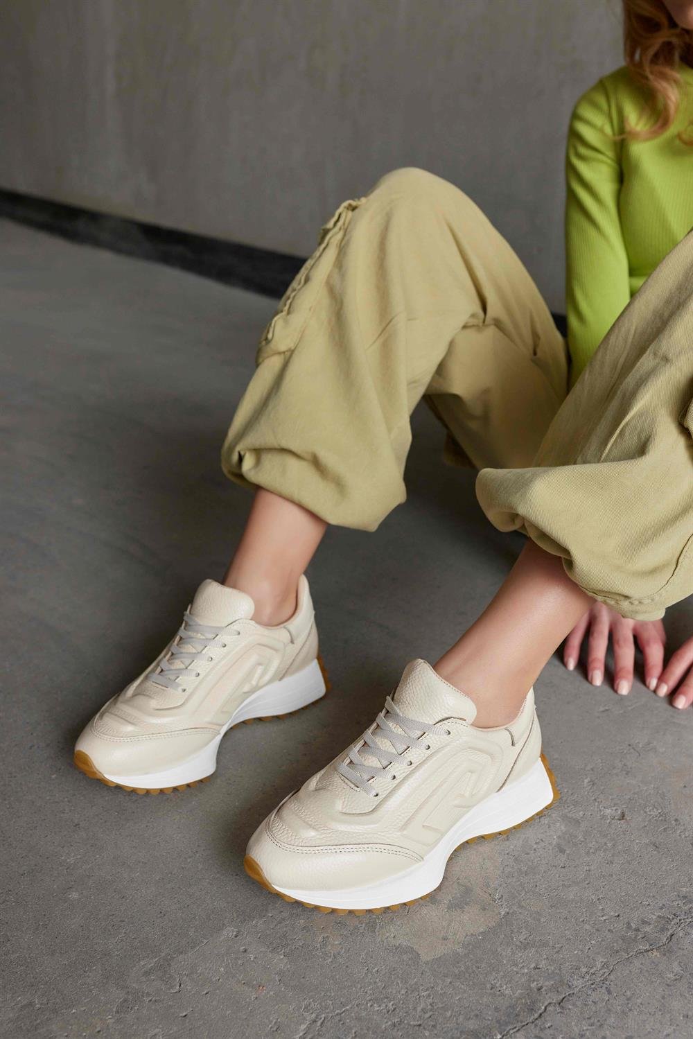 Hello Bej Hakiki Deri Kadın Sneaker