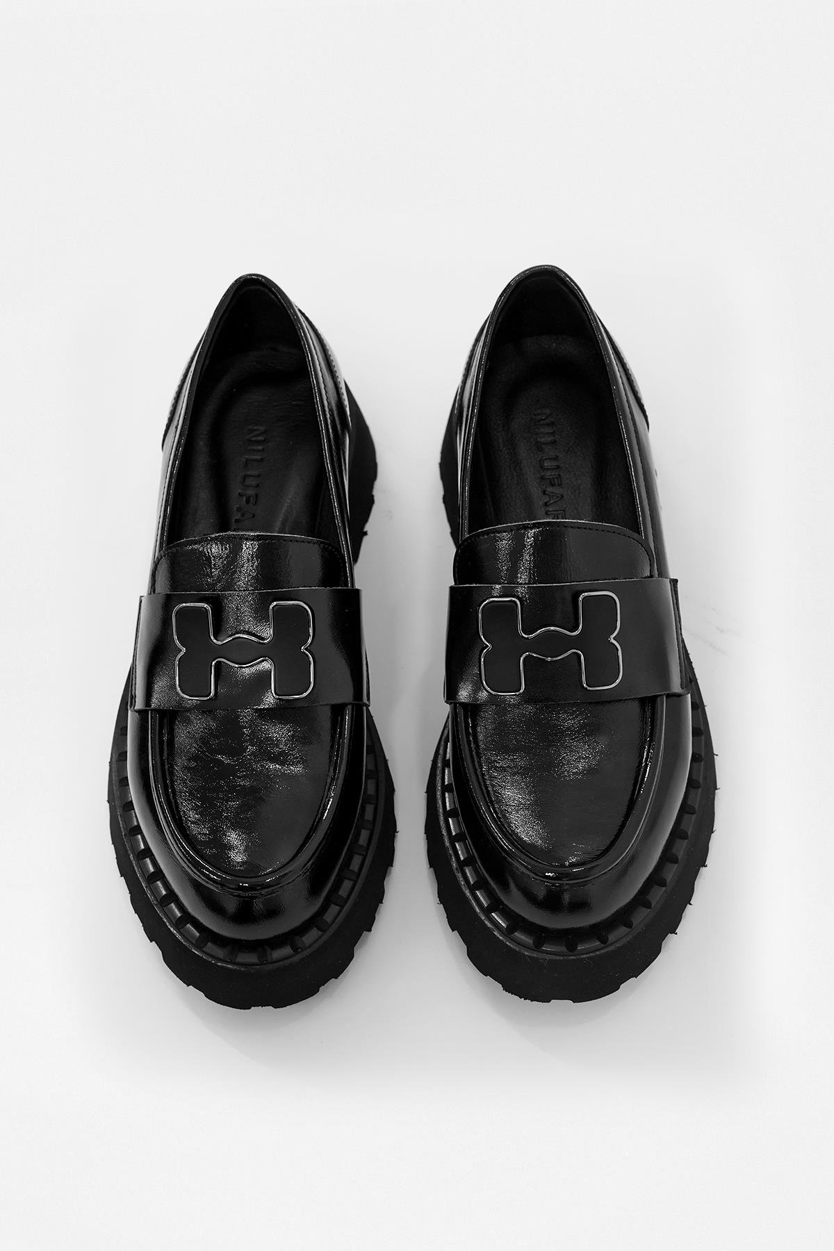 Hera Siyah Rugan Hakiki Deri Kadın Loafer