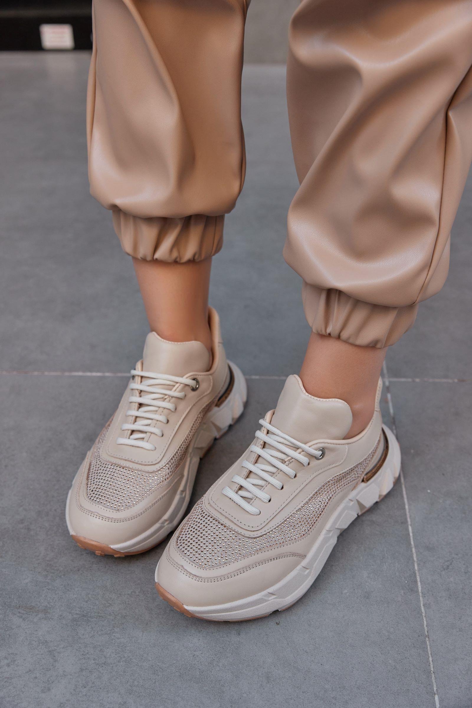 Hilary Bej Hakiki Deri Taşlı Kadın Sneaker