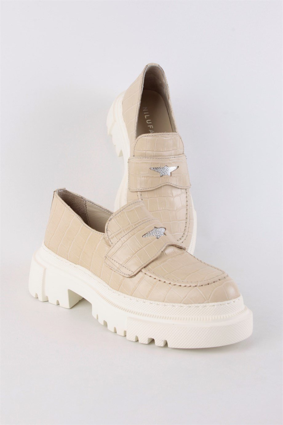 Holmes Bej Krokodil Desenli Kadın Hakiki Deri Loafer