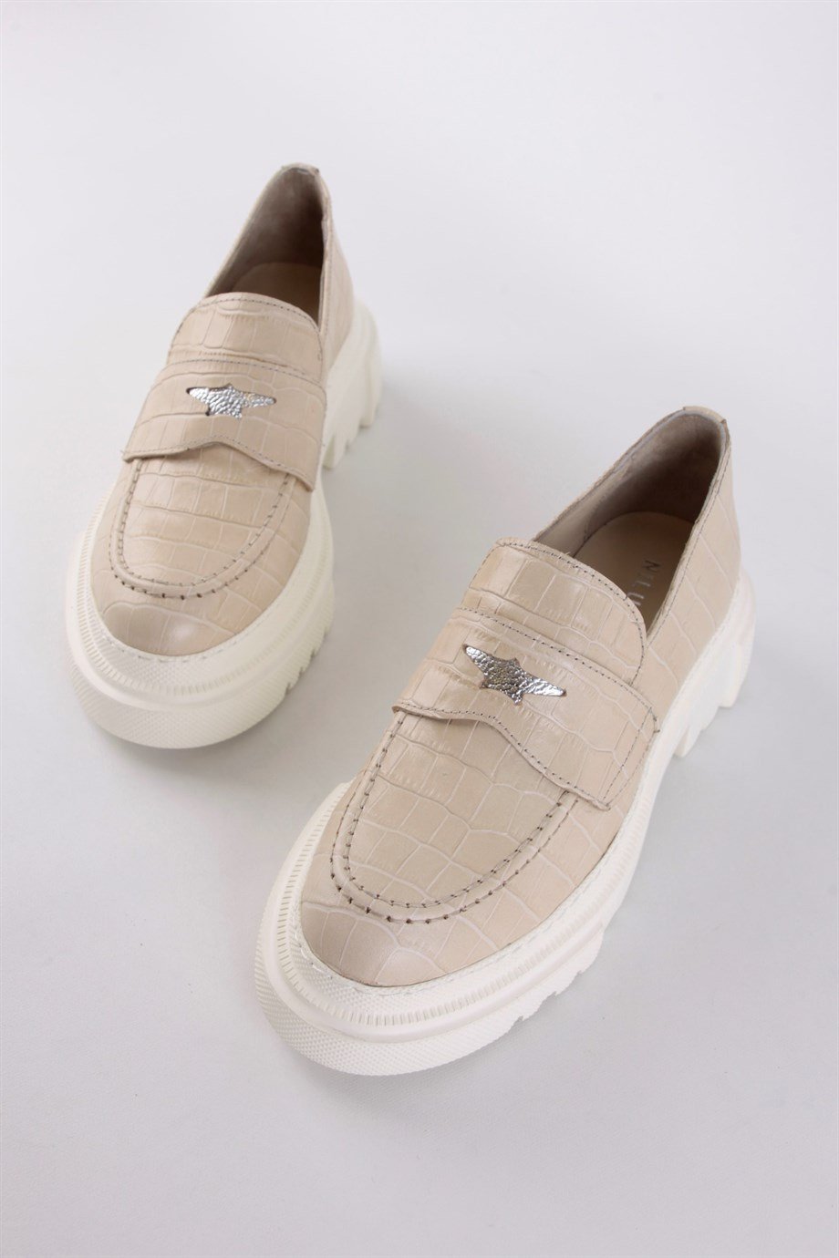 Holmes Bej Krokodil Desenli Kadın Hakiki Deri Loafer