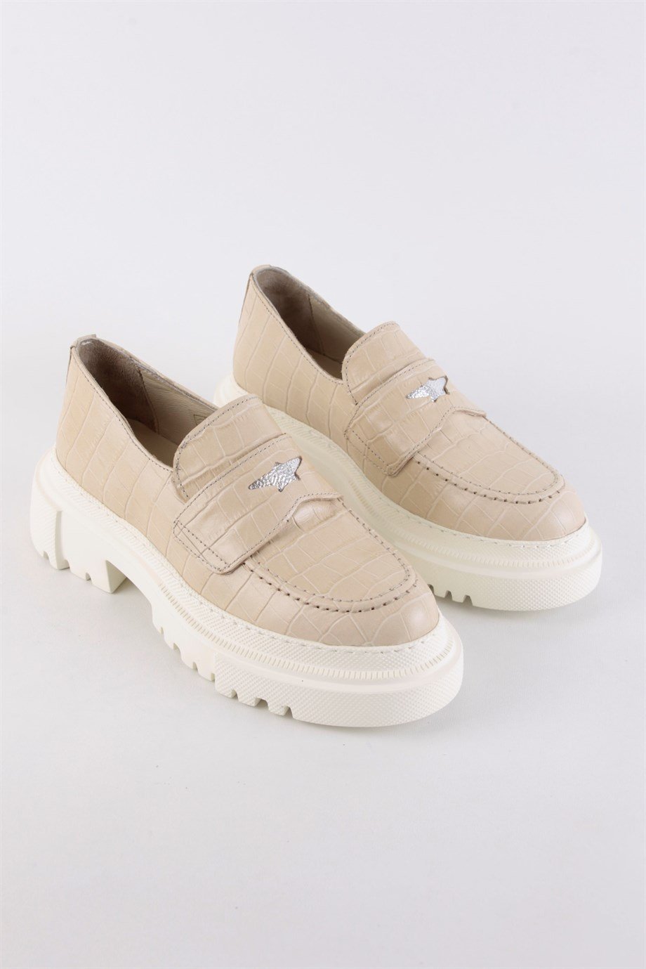 Holmes Bej Krokodil Desenli Kadın Hakiki Deri Loafer