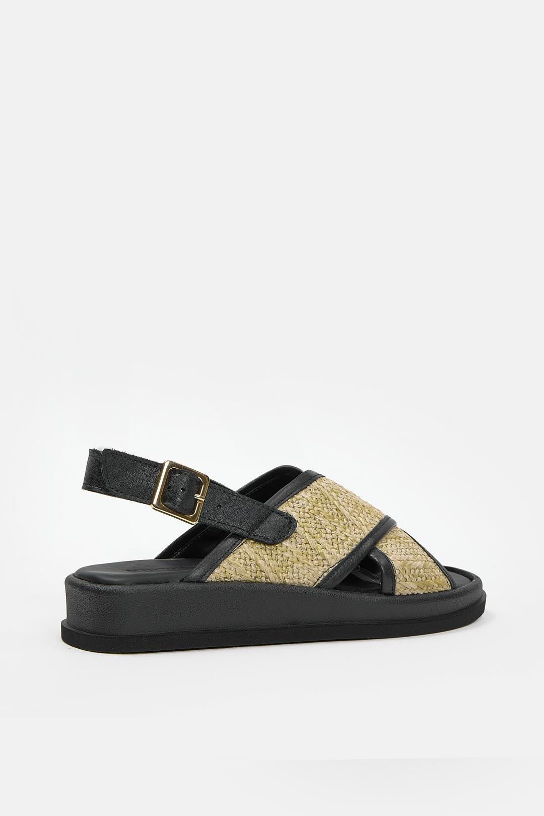 Honey Siyah Hakiki Deri Hasır Bantlı Kadın Sandalet 