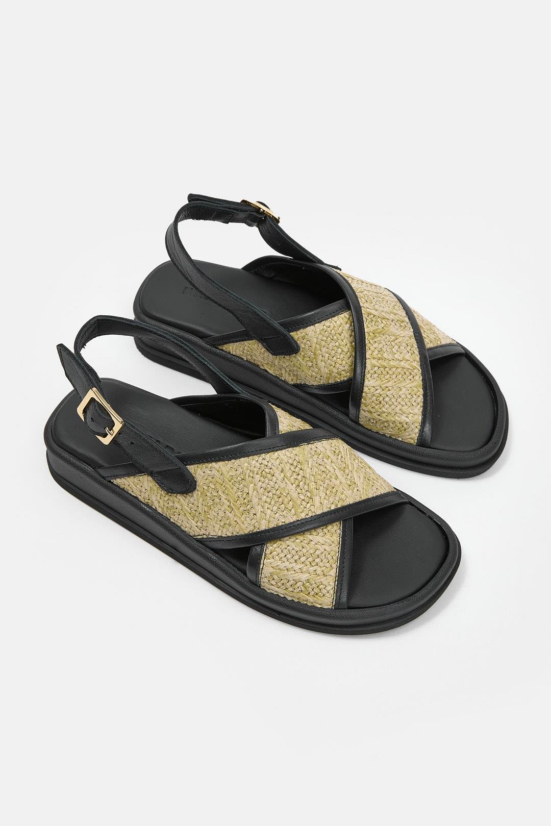 Honey Siyah Hakiki Deri Hasır Bantlı Kadın Sandalet 