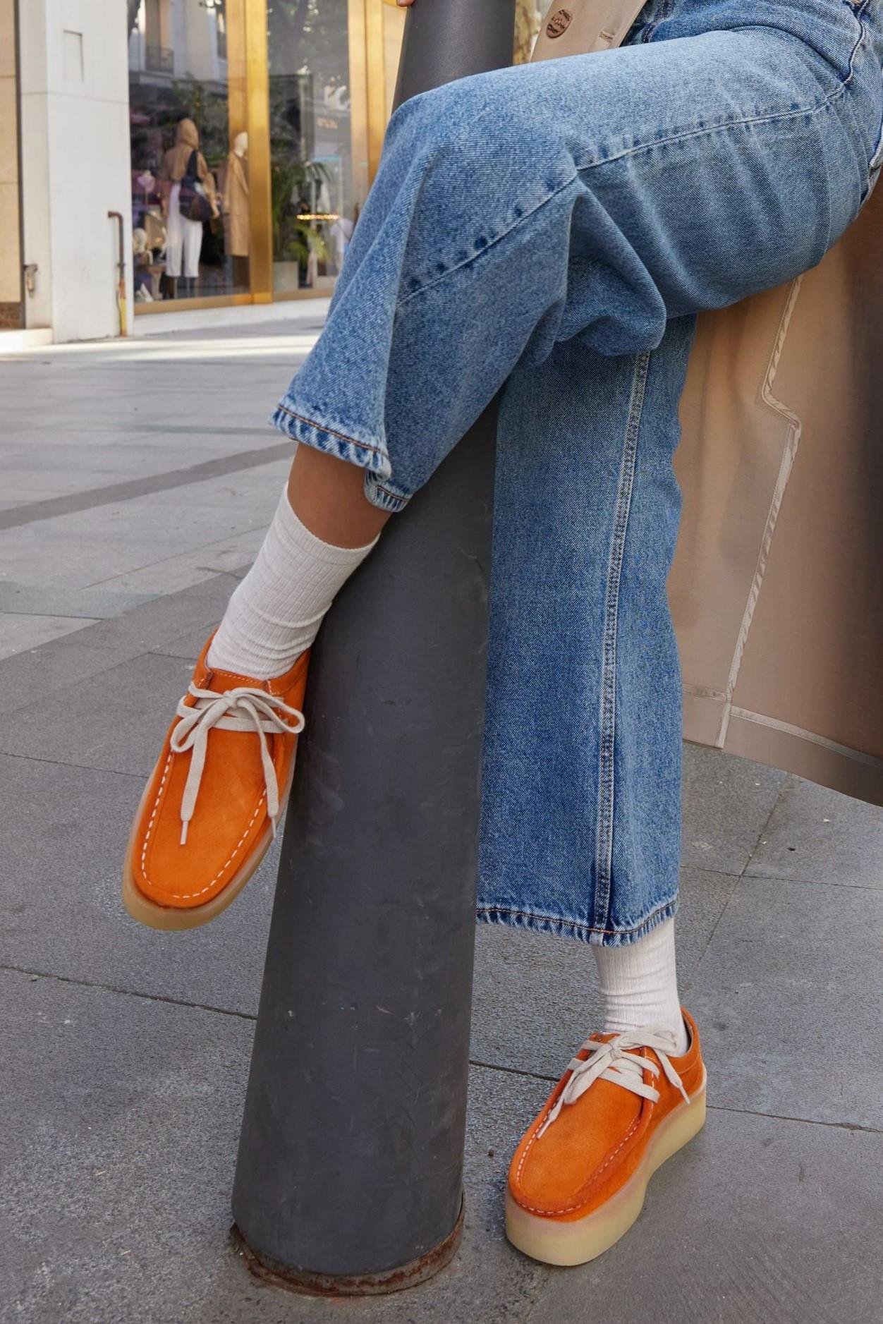 James Turuncu Hakiki Deri Bağcıklı Kadın Ayakkabı