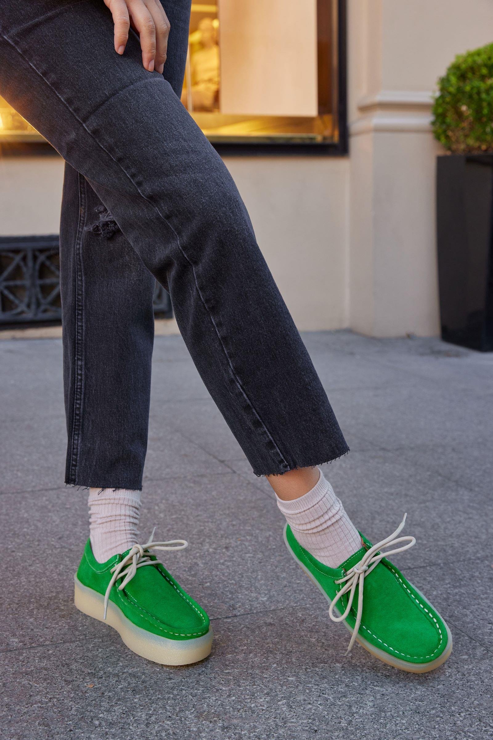 James Yeşil Hakiki Deri Bağcıklı Kadın Ayakkabı