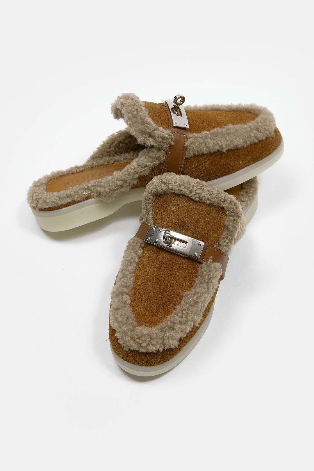 Jelly Taba Süet Gerçek Kürklü Kadın Terlik