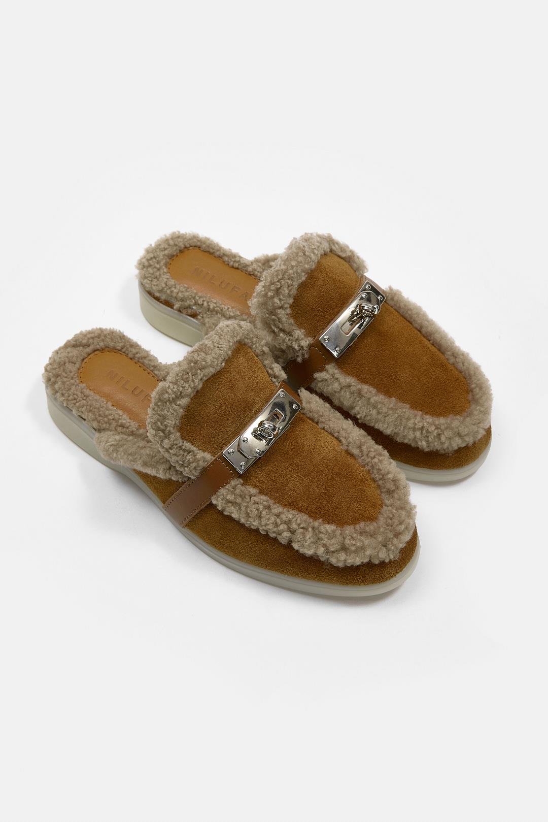 Jelly Taba Süet Gerçek Kürklü Kadın Terlik