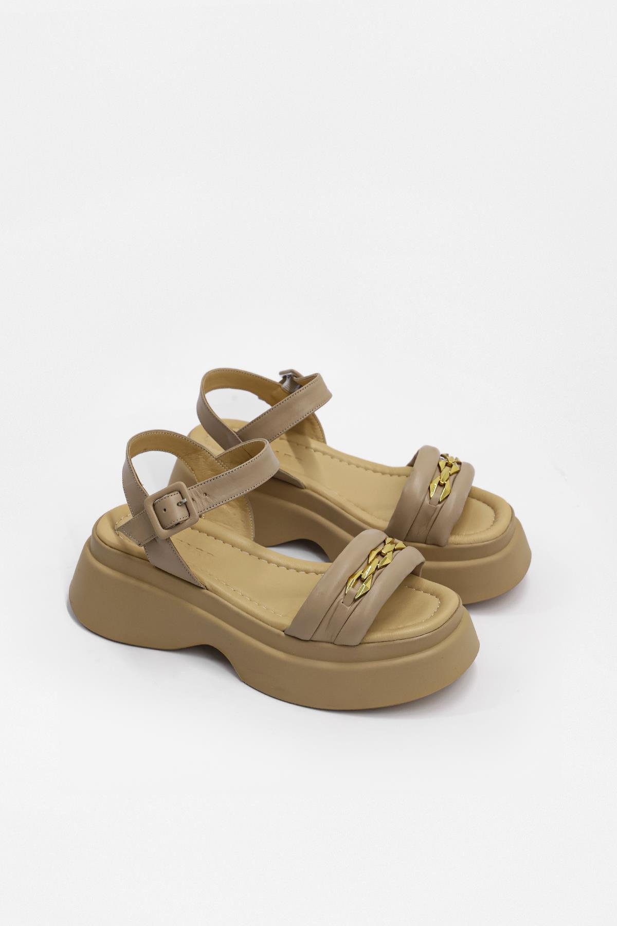 Julicka Nude Hakiki Deri Kalın Tabanlı Kadın Sandalet