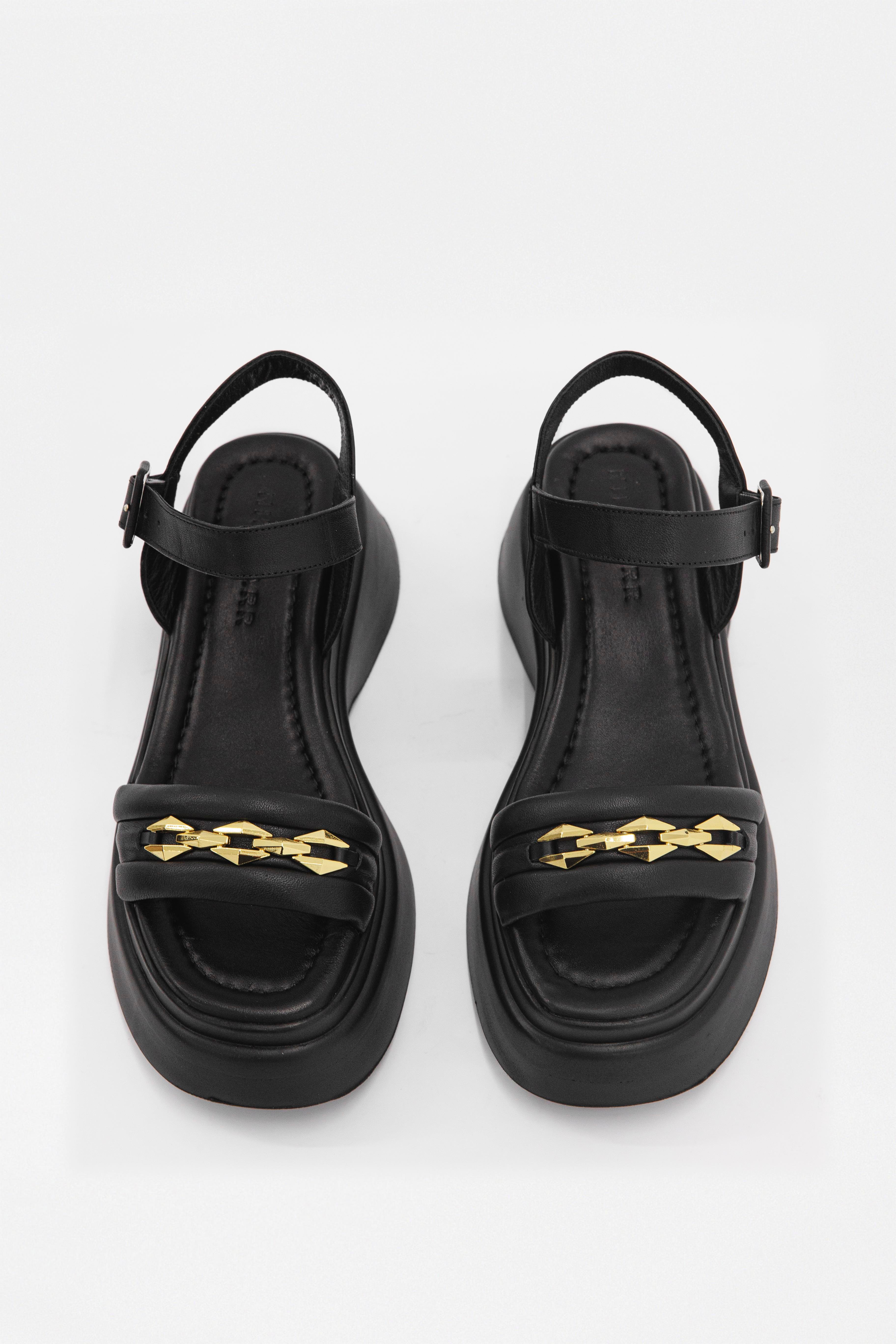 Julicka Siyah Hakiki Deri Kalın Tabanlı Kadın Sandalet