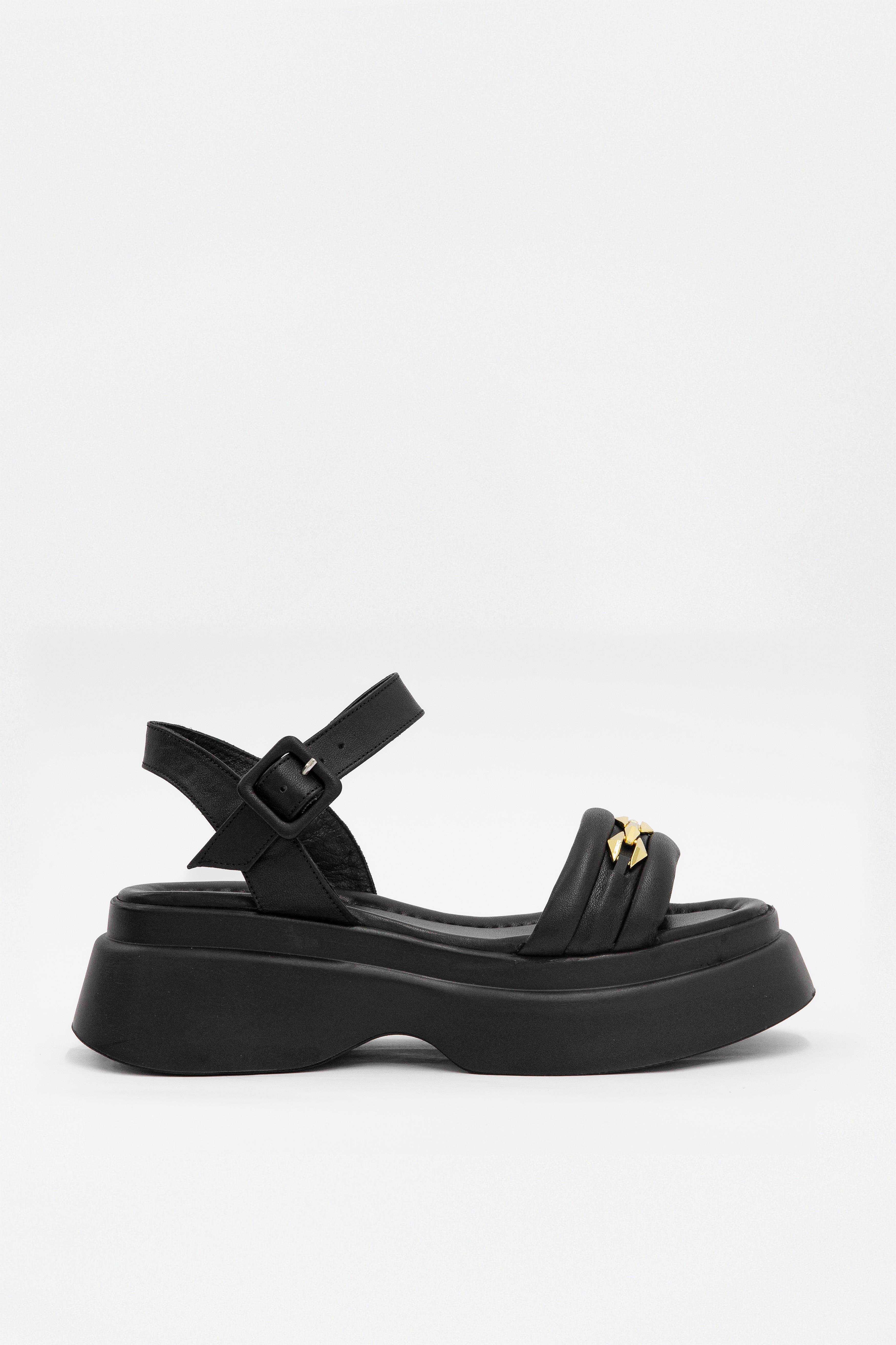 Julicka Siyah Hakiki Deri Kalın Tabanlı Kadın Sandalet