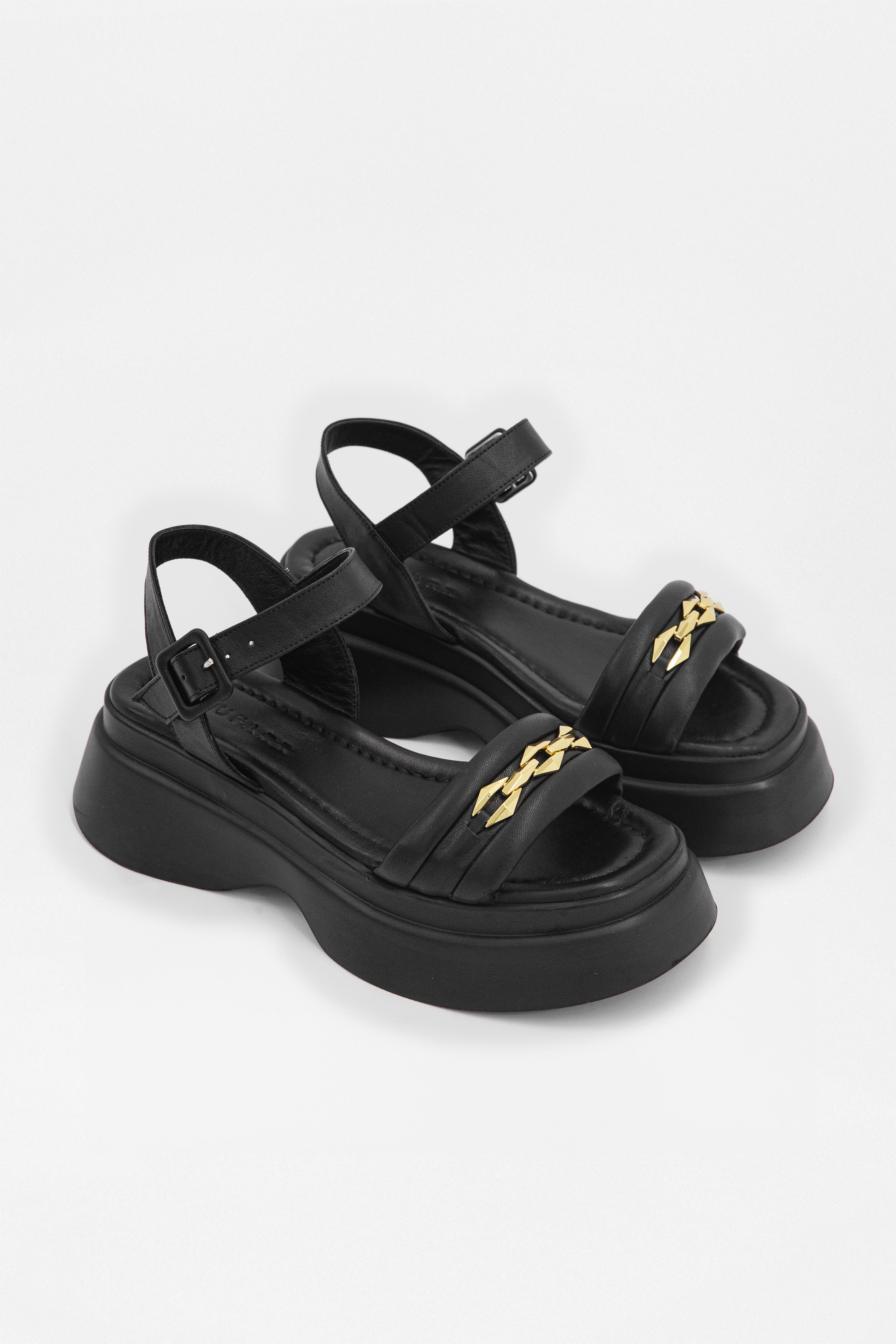 Julicka Siyah Hakiki Deri Kalın Tabanlı Kadın Sandalet