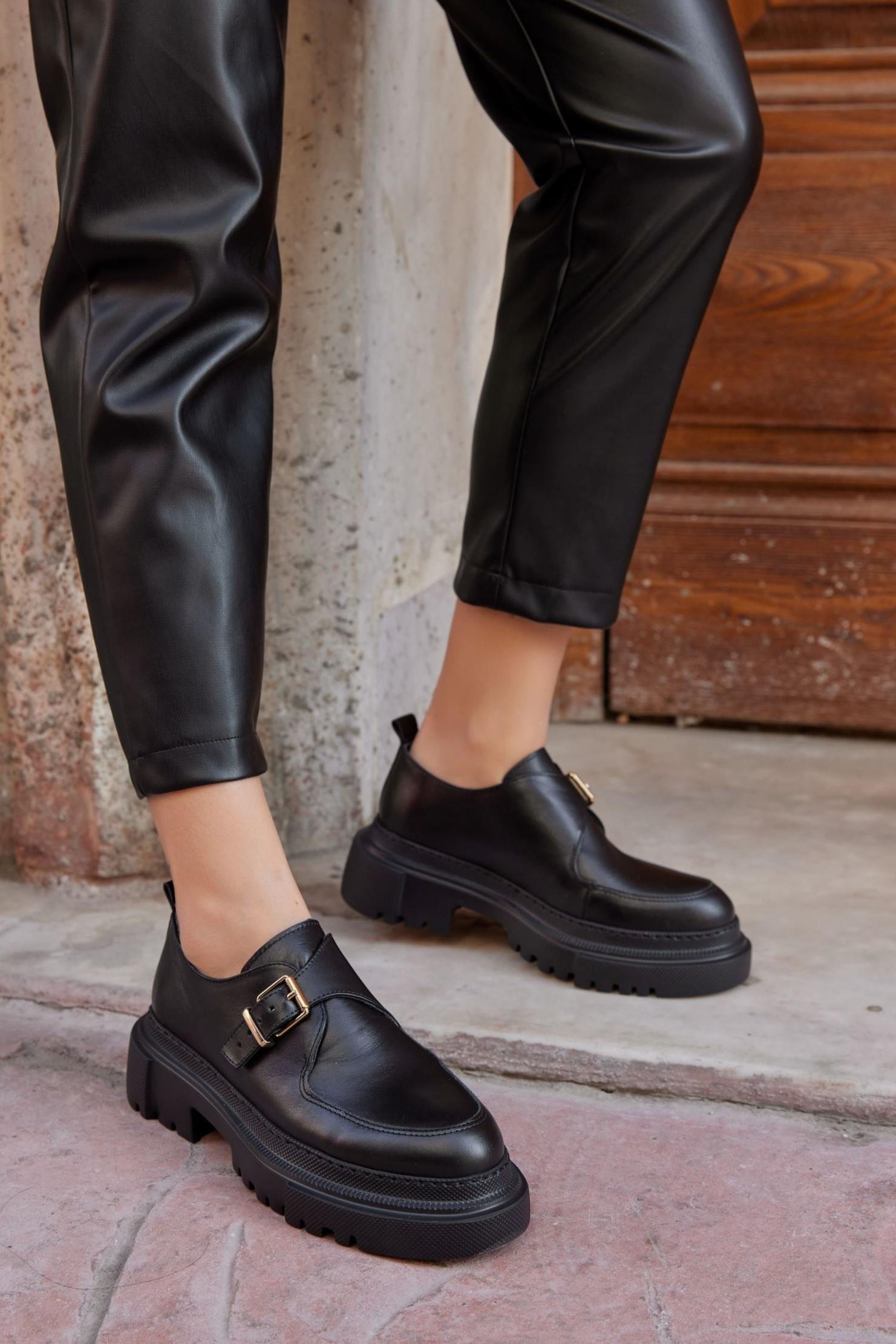 Juliet Siyah Hakiki Deri Kalın Tabanlı Kadın Loafer