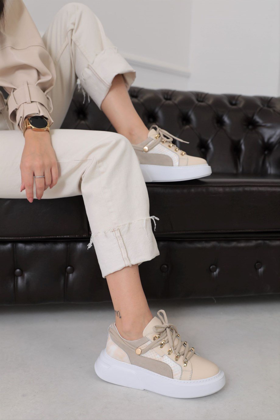 Kiera Bej Deri Kalın Tabanlı Kadın Sneakers