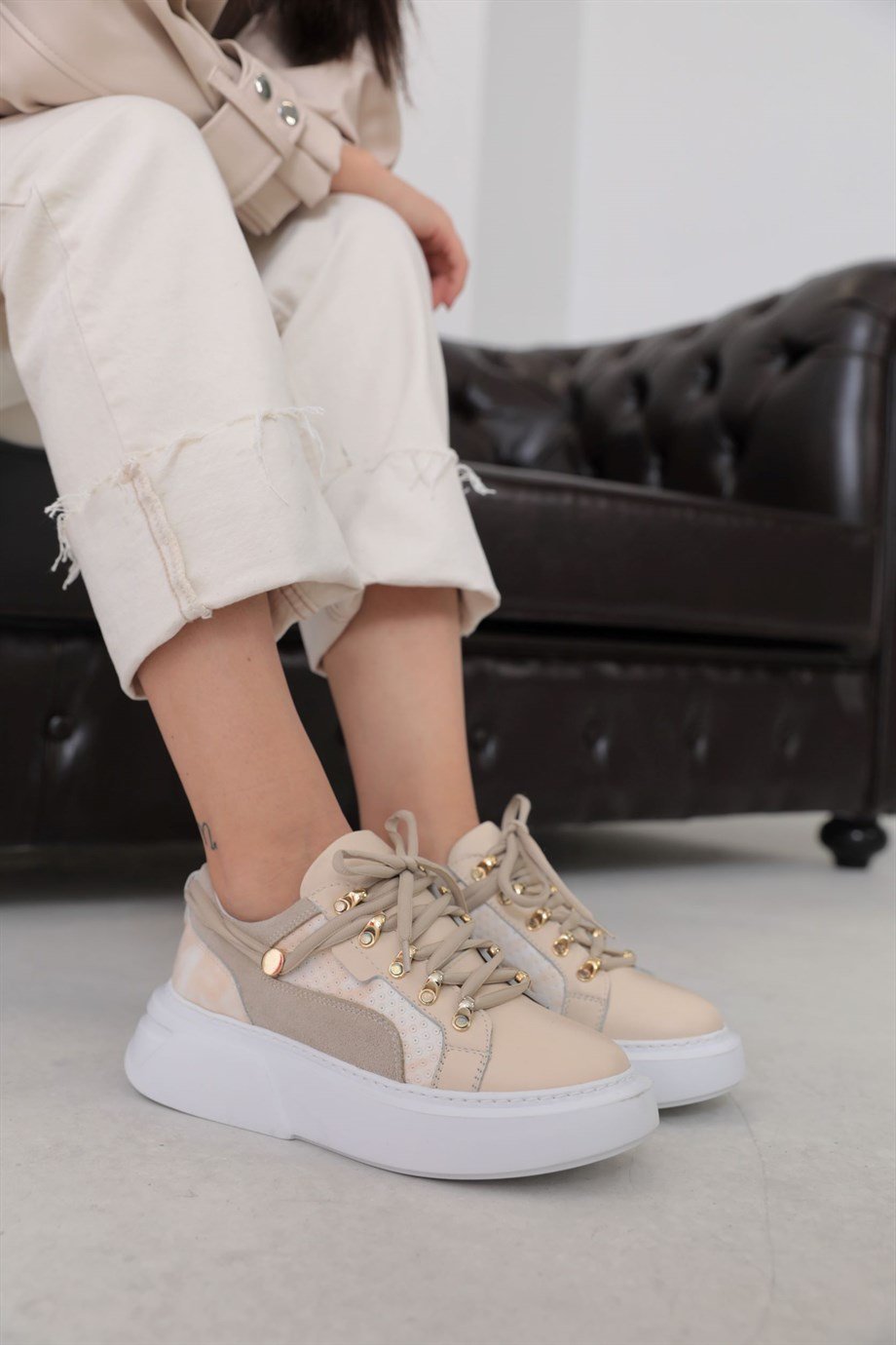 Kiera Bej Deri Kalın Tabanlı Kadın Sneakers