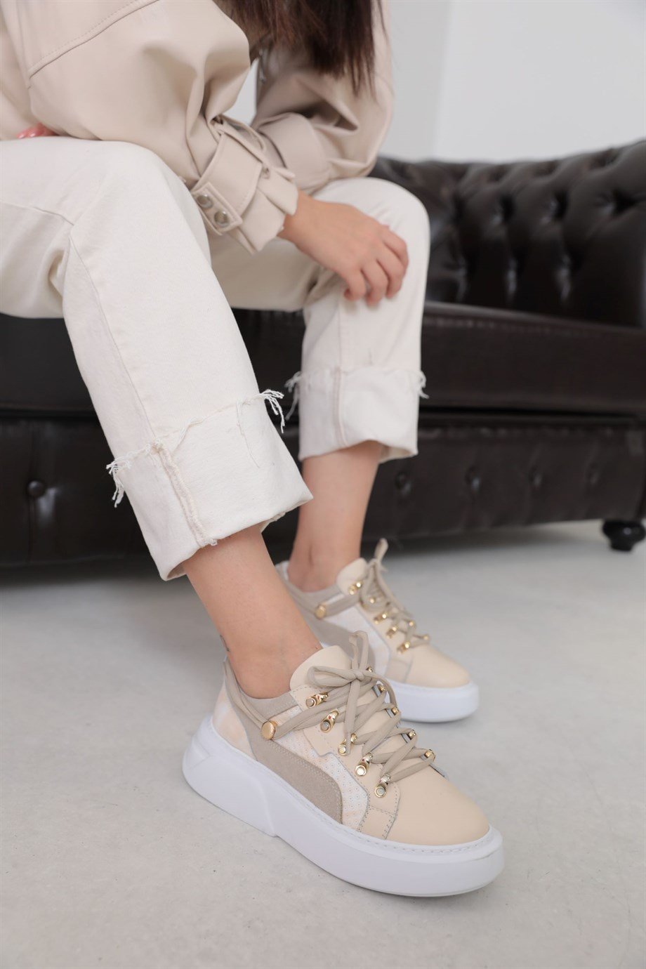 Kiera Bej Deri Kalın Tabanlı Kadın Sneakers