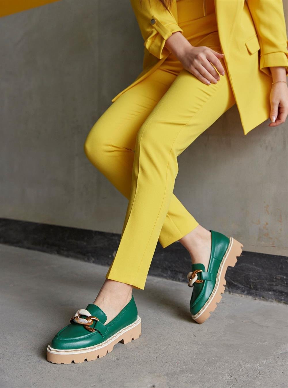 Ladonna Yeşil Hakiki Deri Kadın Loafer