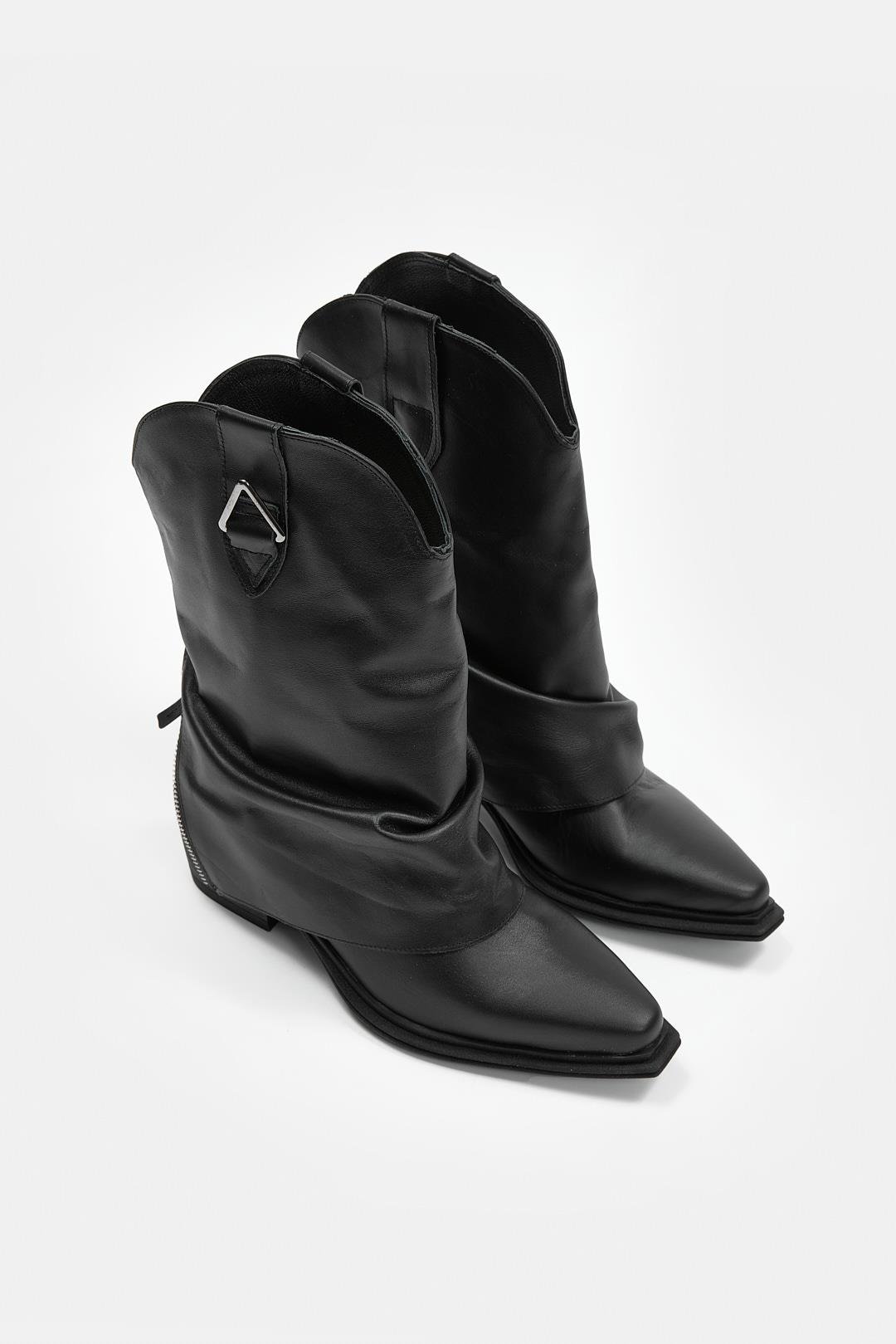 Lata Siyah Hakiki Deri Topuklu Bot