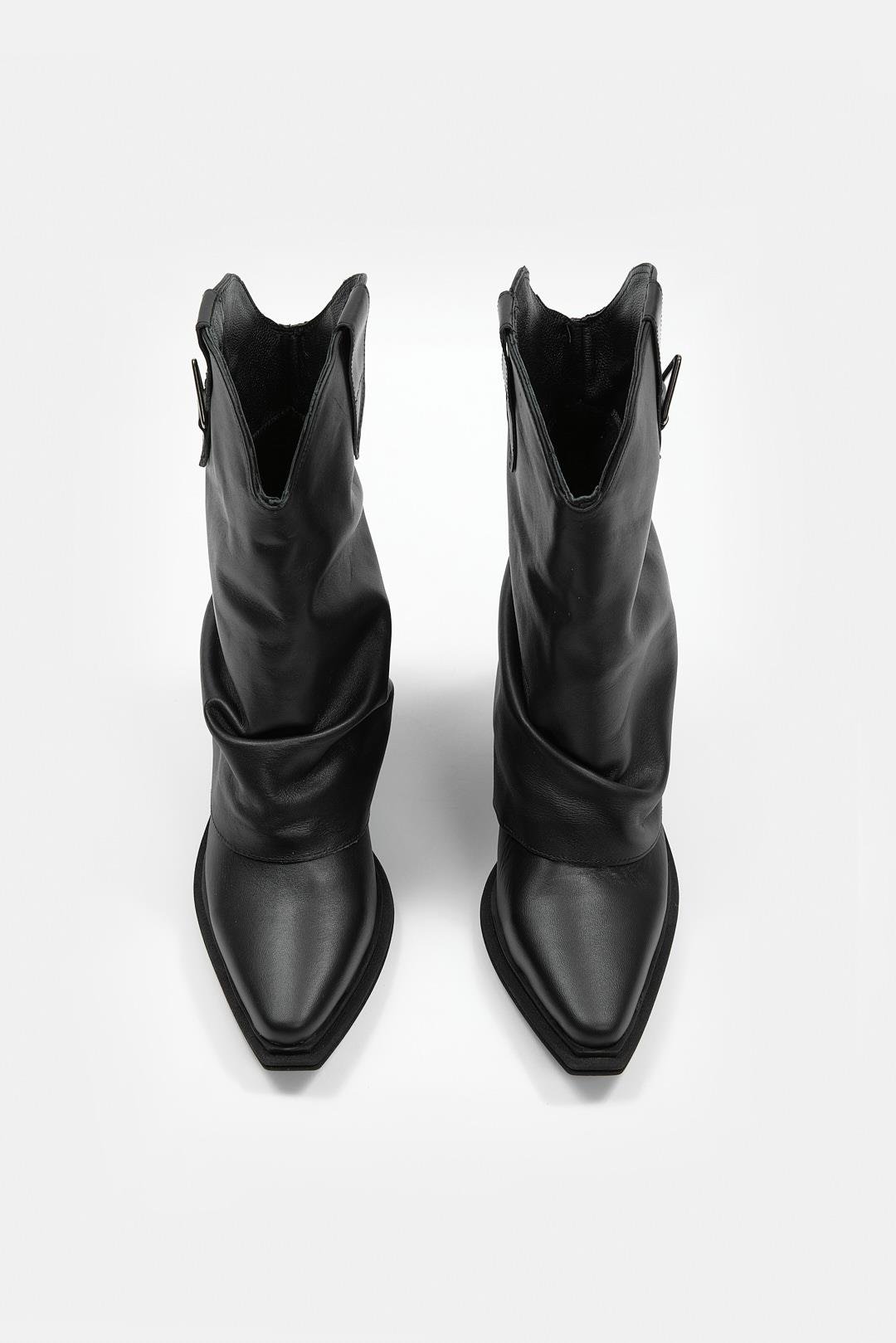 Lata Siyah Hakiki Deri Topuklu Bot