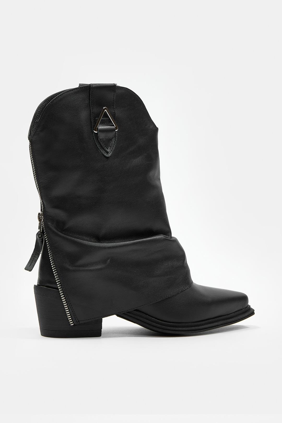 Lata Siyah Hakiki Deri Topuklu Bot