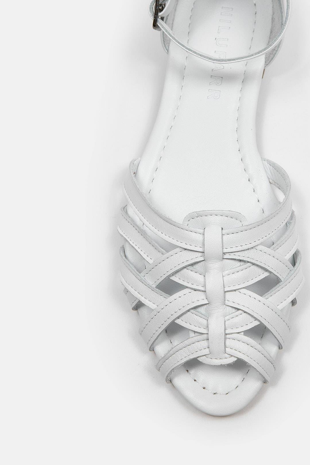 Leila Beyaz Hakiki Deri Kadın Sandalet