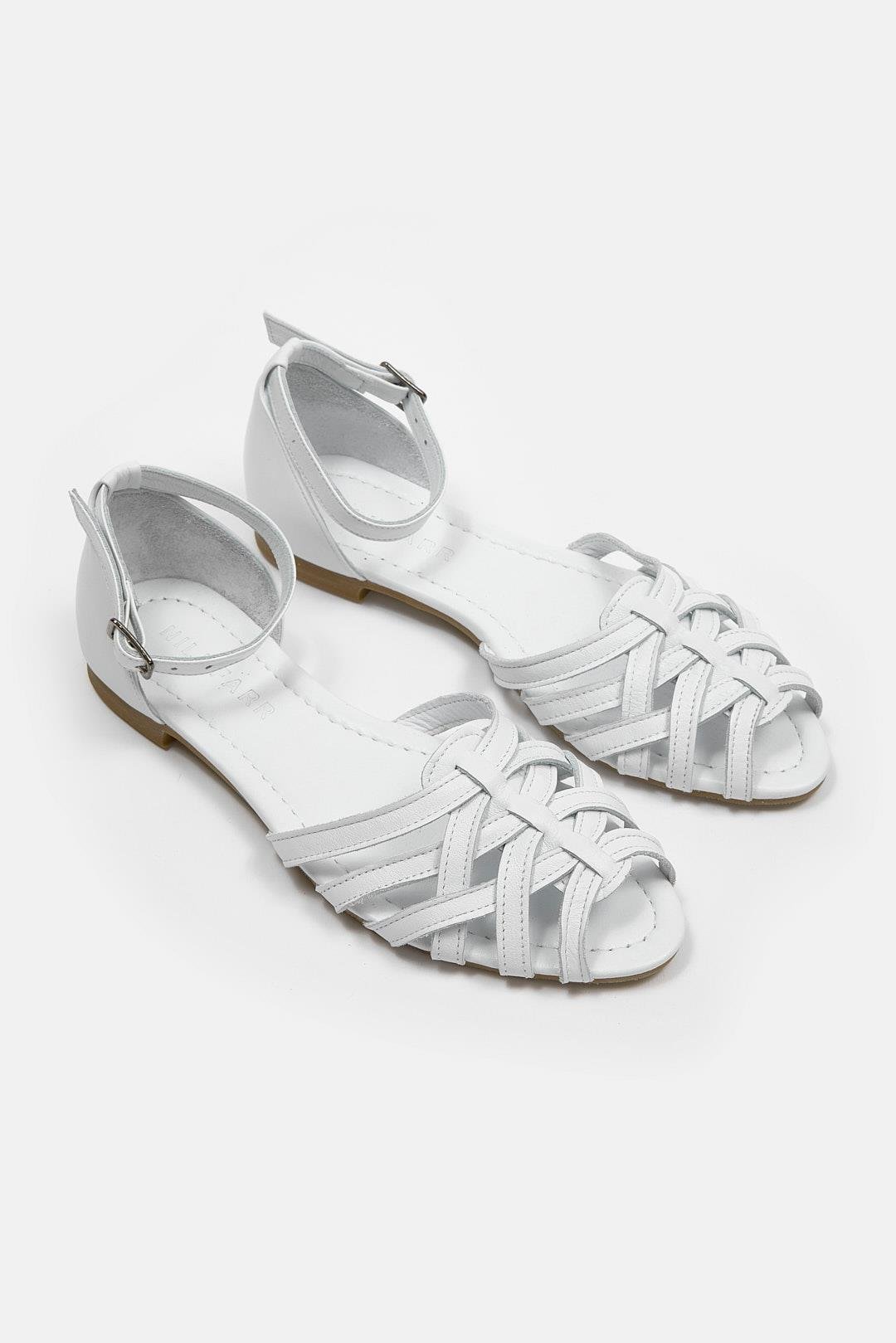 Leila Beyaz Hakiki Deri Kadın Sandalet