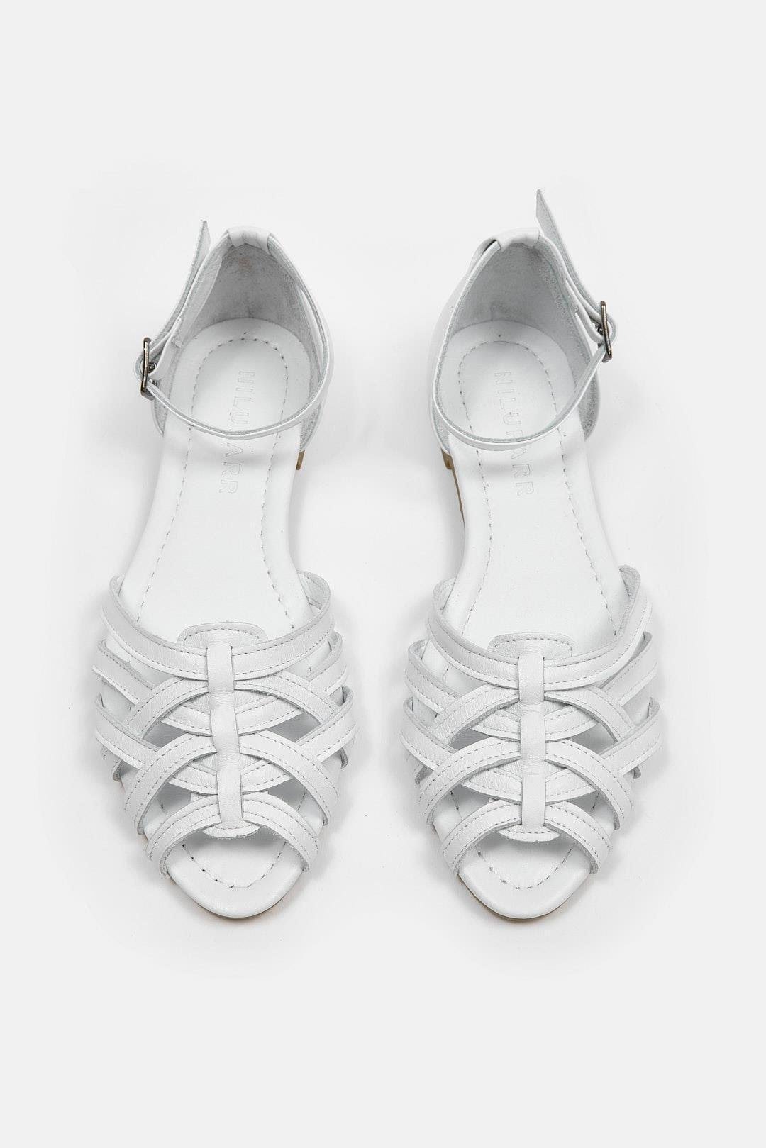 Leila Beyaz Hakiki Deri Kadın Sandalet