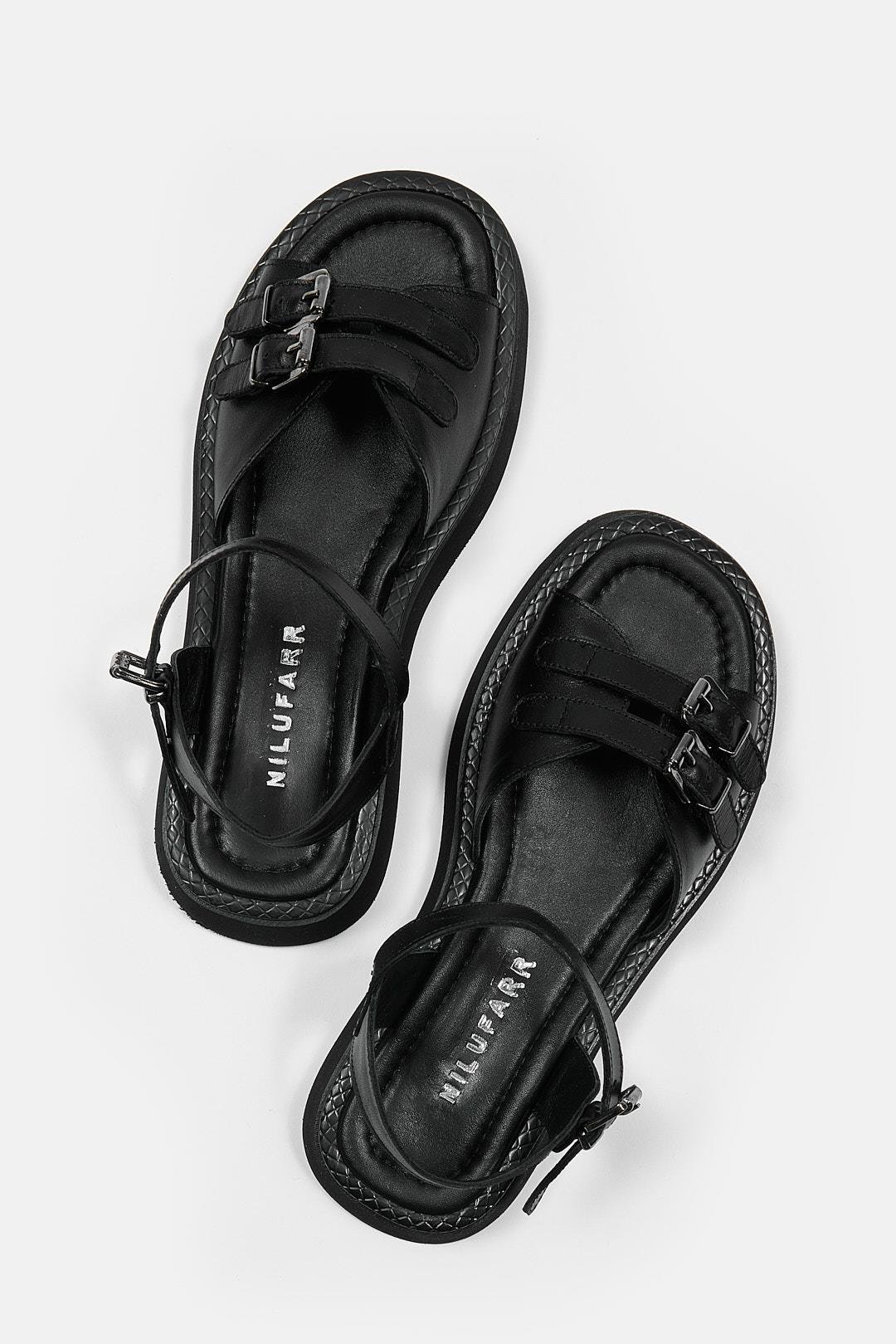 Leny Siyah Hakiki Deri Kadın Sandalet