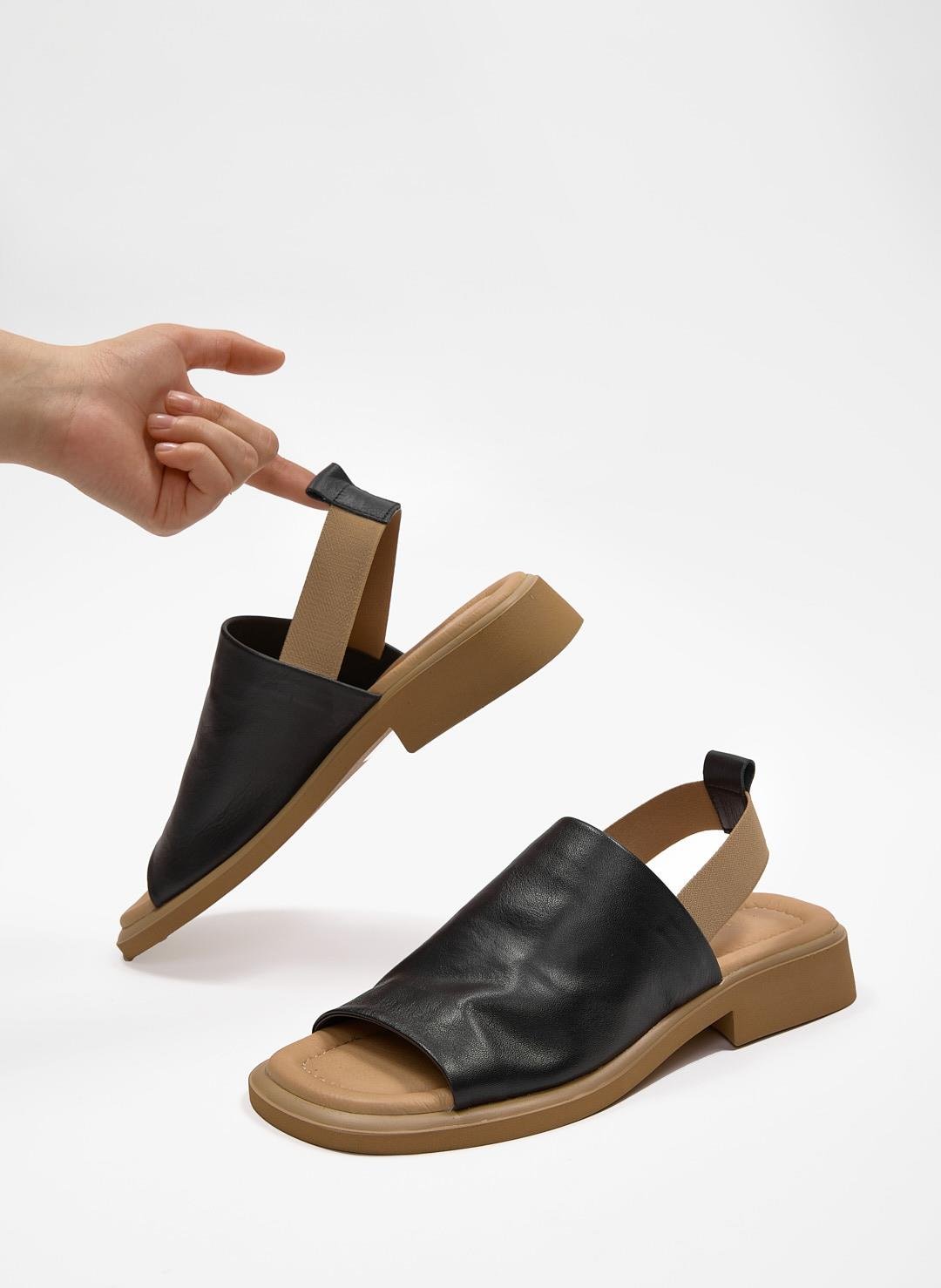 Leslie Siyah Hakiki Deri Kadın Sandalet