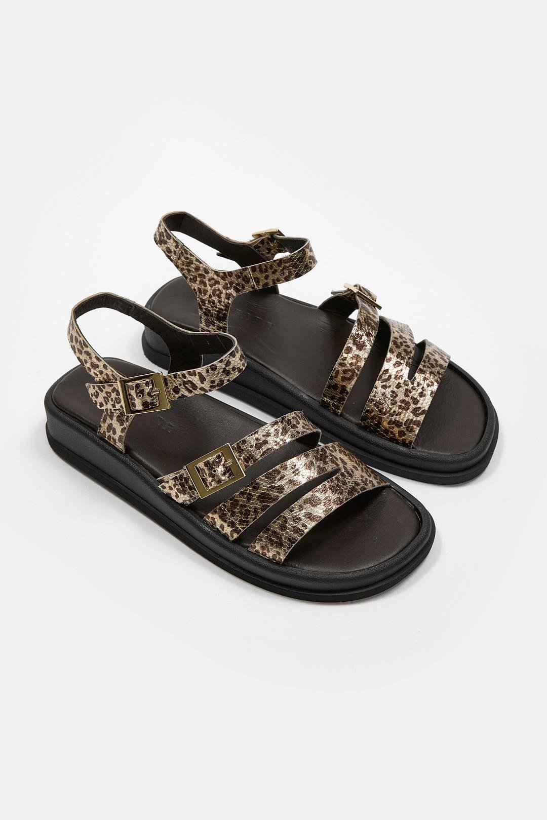 Licina Siyah Hakiki Deri Leopar Desenli Kadın Sandalet