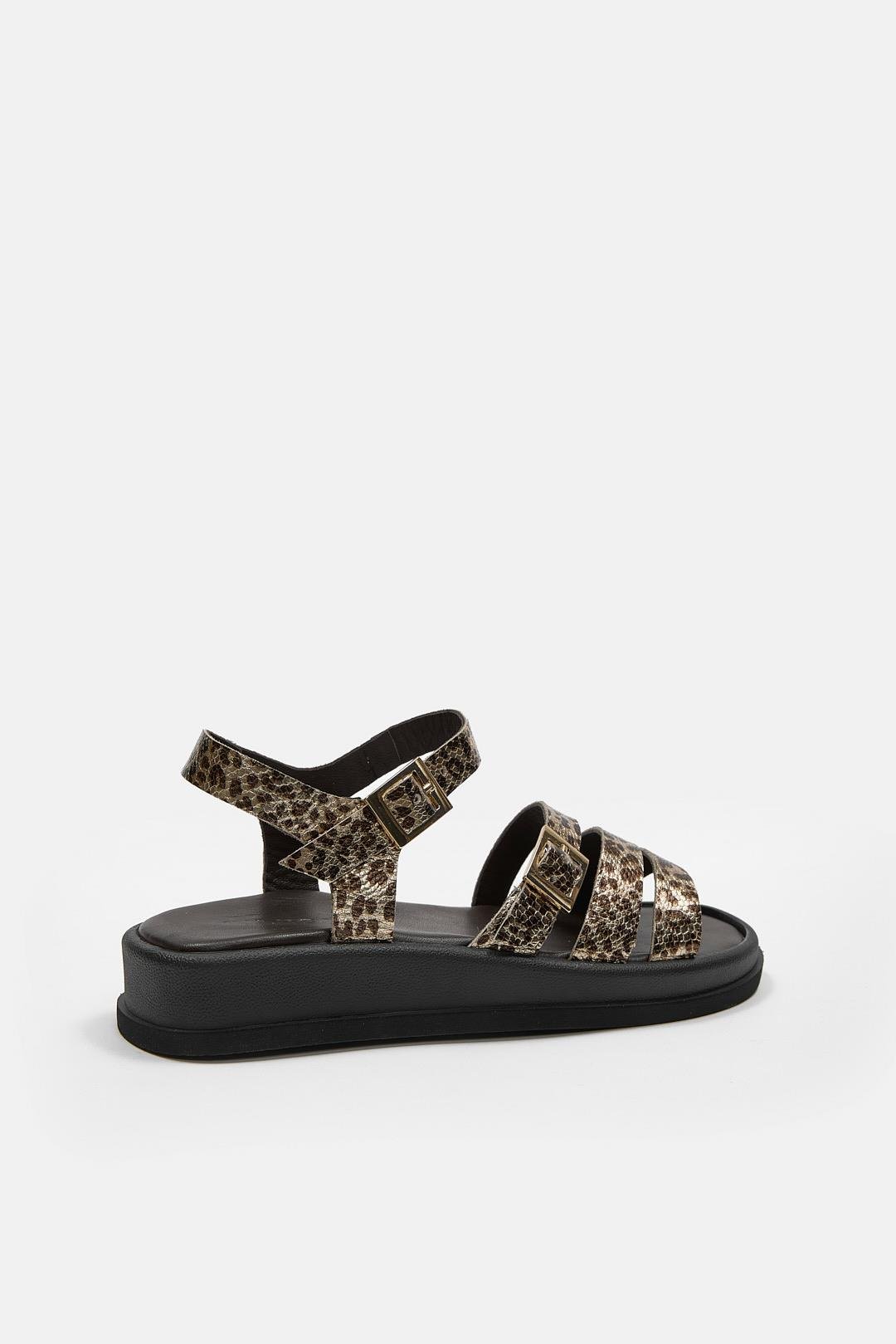 Licina Siyah Hakiki Deri Leopar Desenli Kadın Sandalet