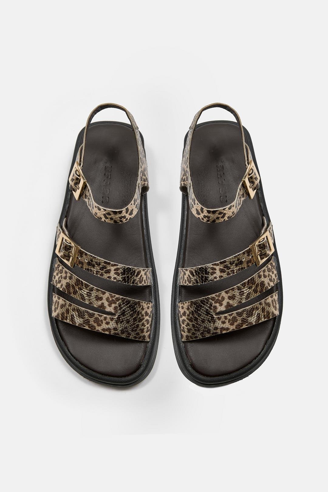 Licina Siyah Hakiki Deri Leopar Desenli Kadın Sandalet