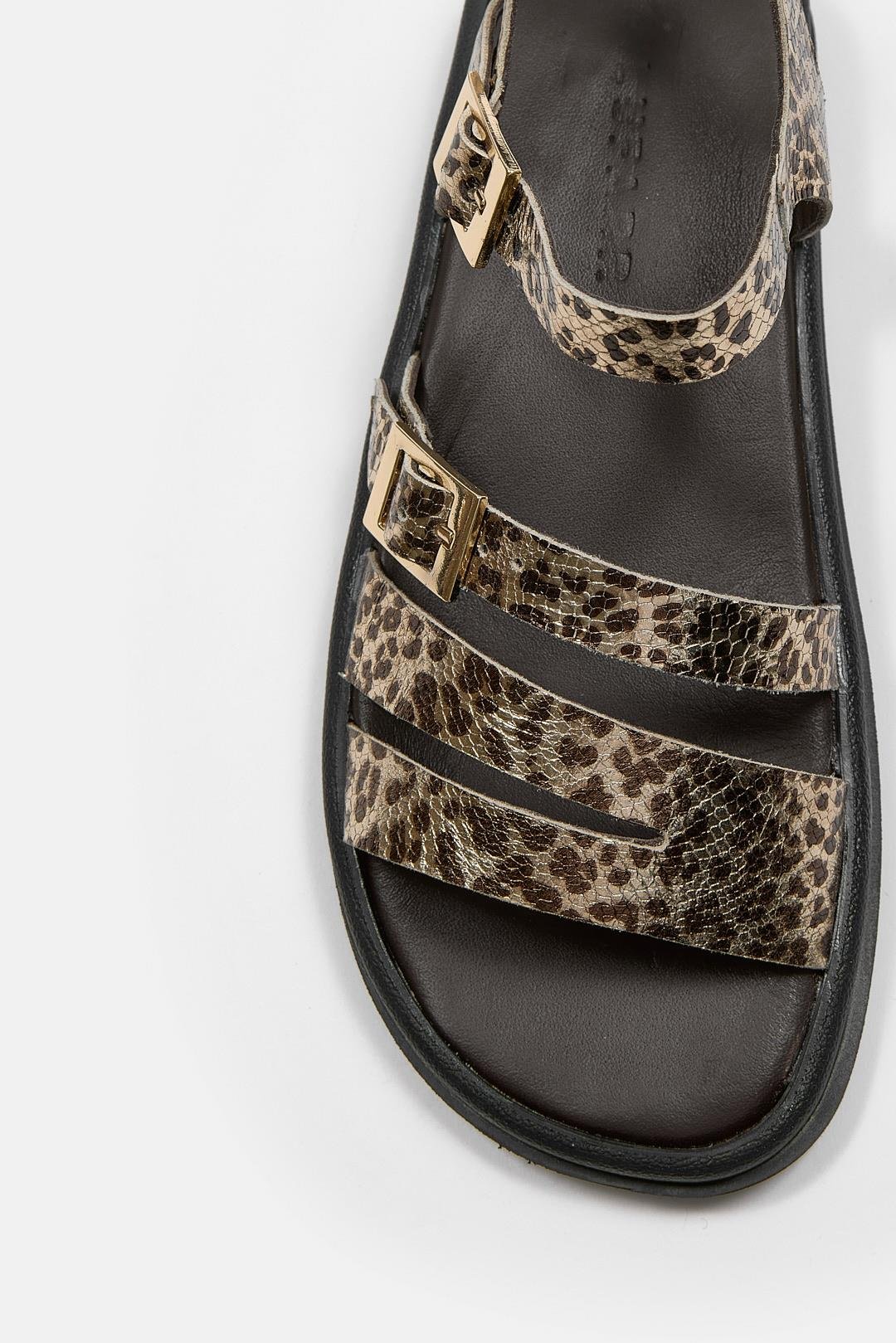 Licina Siyah Hakiki Deri Leopar Desenli Kadın Sandalet