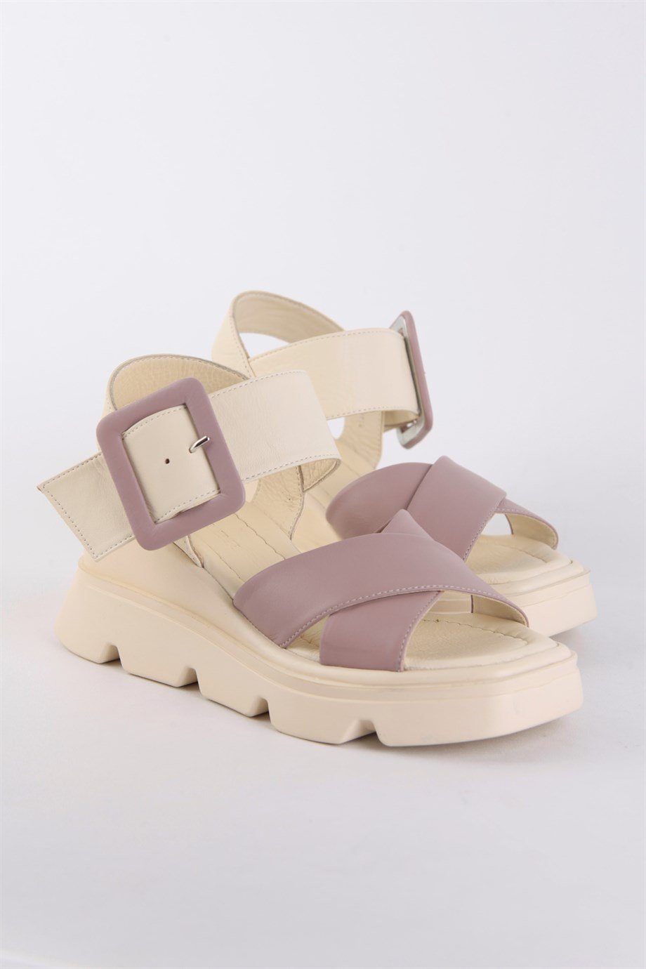 Linda Bej Hakiki Deri Kalın Tabanlı Sandalet