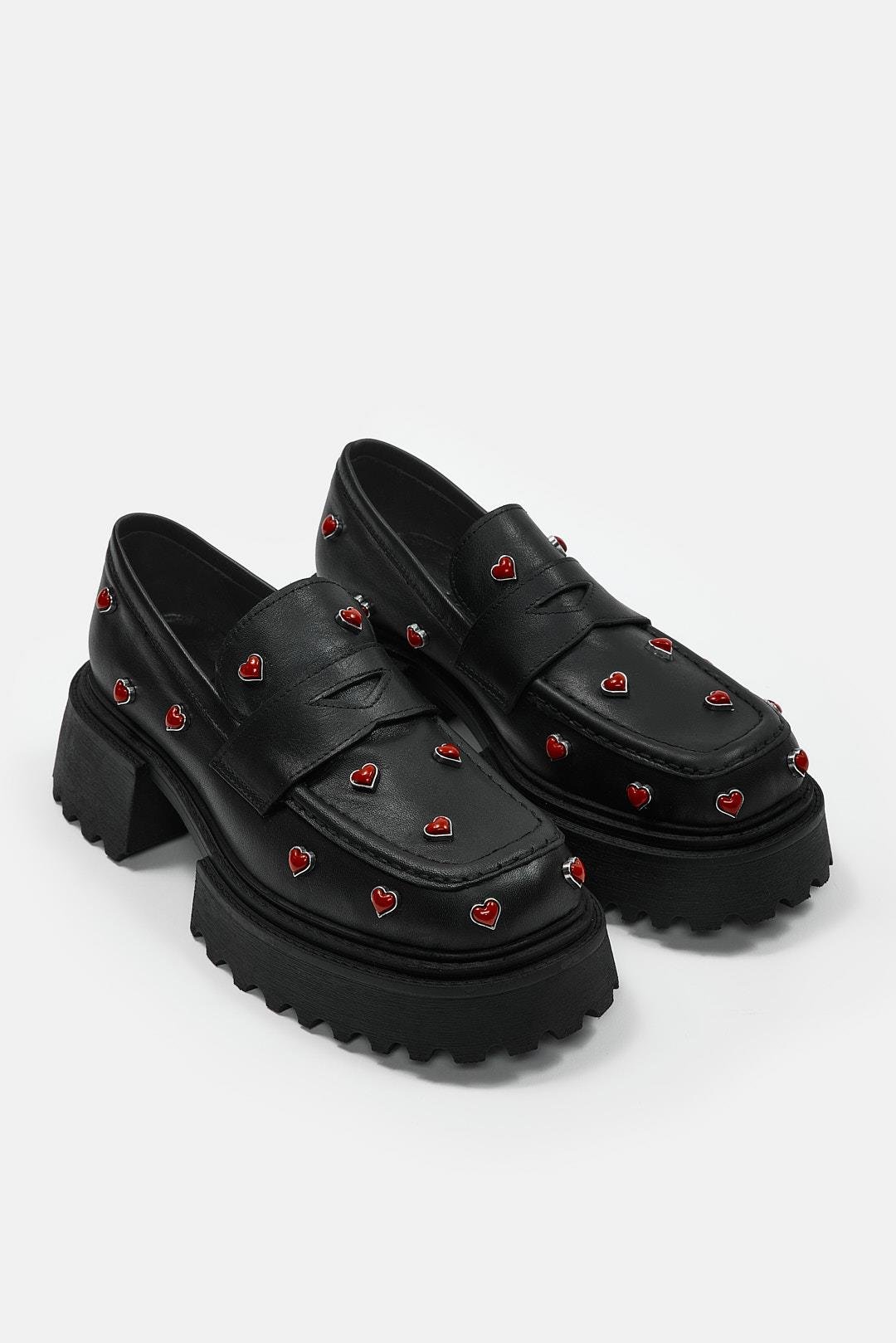 Love Siyah Hakiki Deri Kalın Tabanlı Kadın Loafer