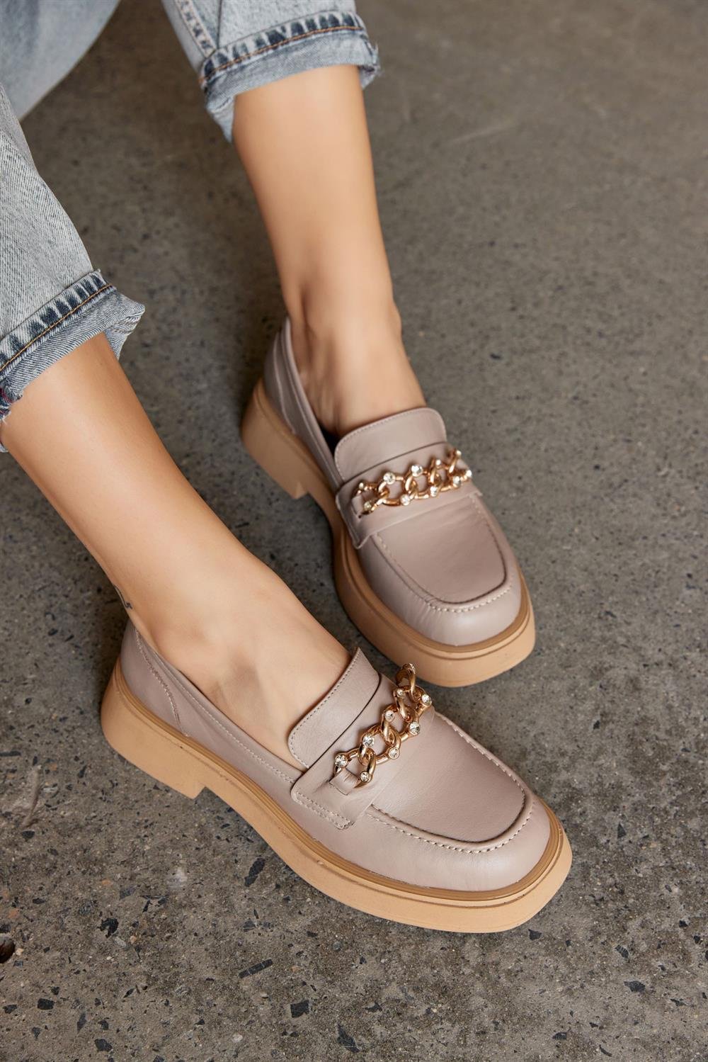 Lucca Vizon Hakiki Deri Taşlı Kadın Loafer