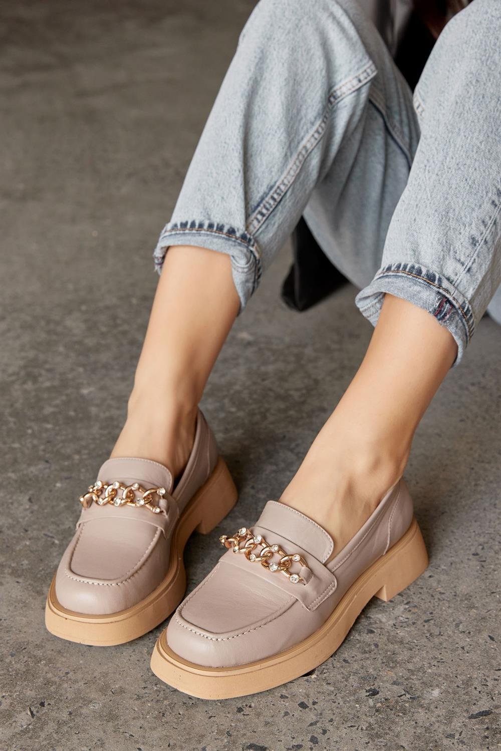 Lucca Vizon Hakiki Deri Taşlı Kadın Loafer