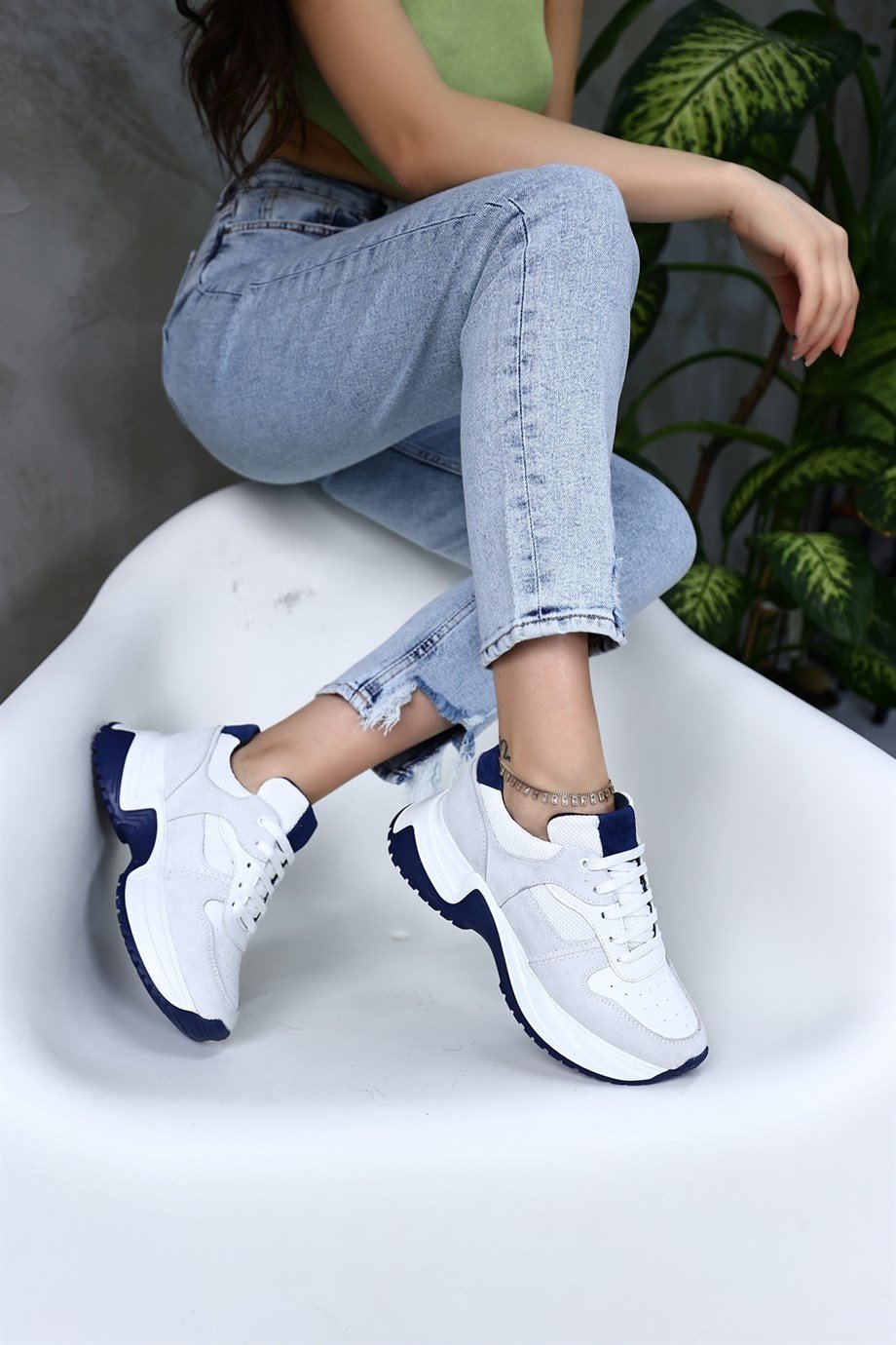 Luiza Beyaz/Lacivert Hakiki Süet Kadın Sneaker