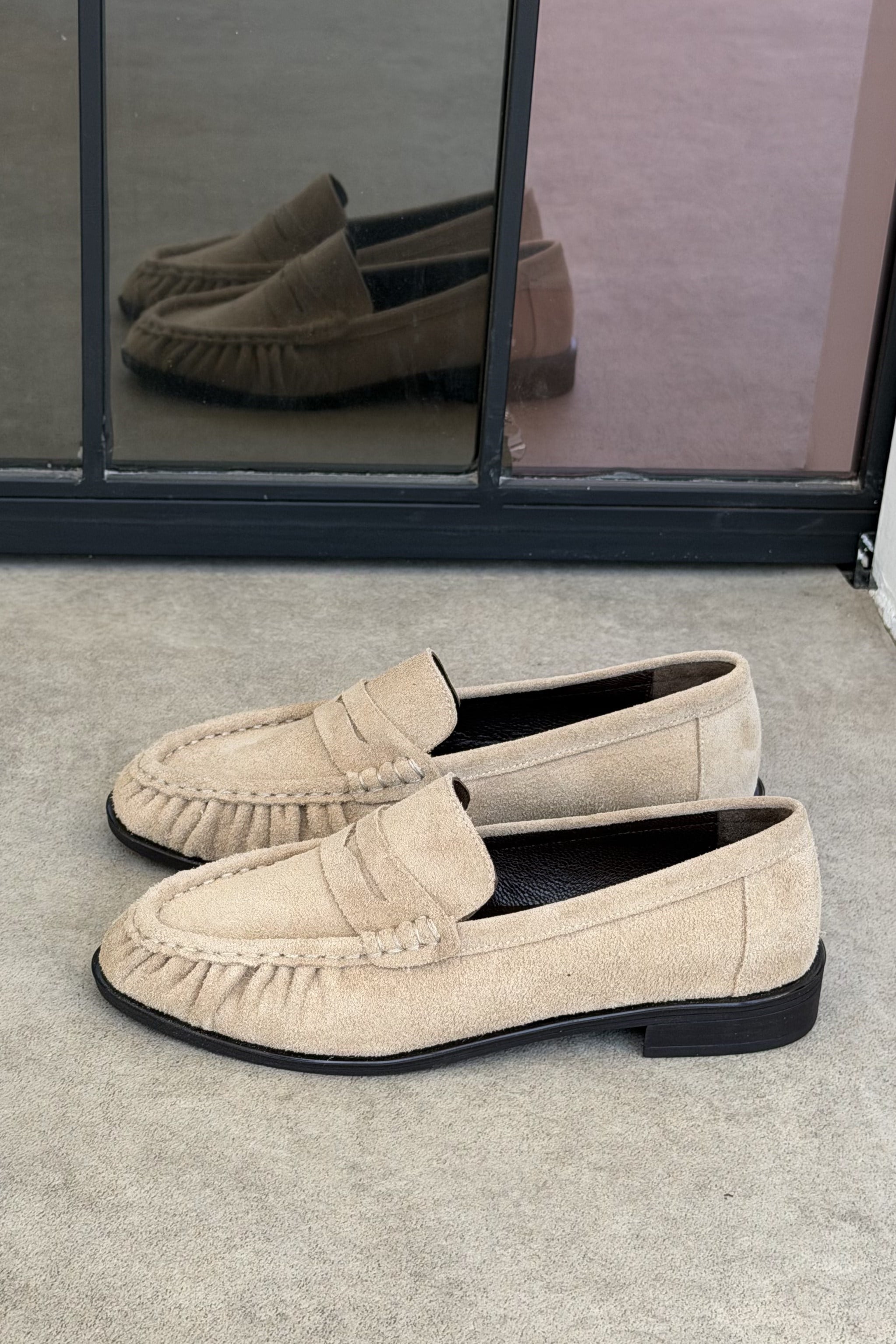 Mante Bej Süet Hakiki Deri Kadın Loafer Ayakkabı