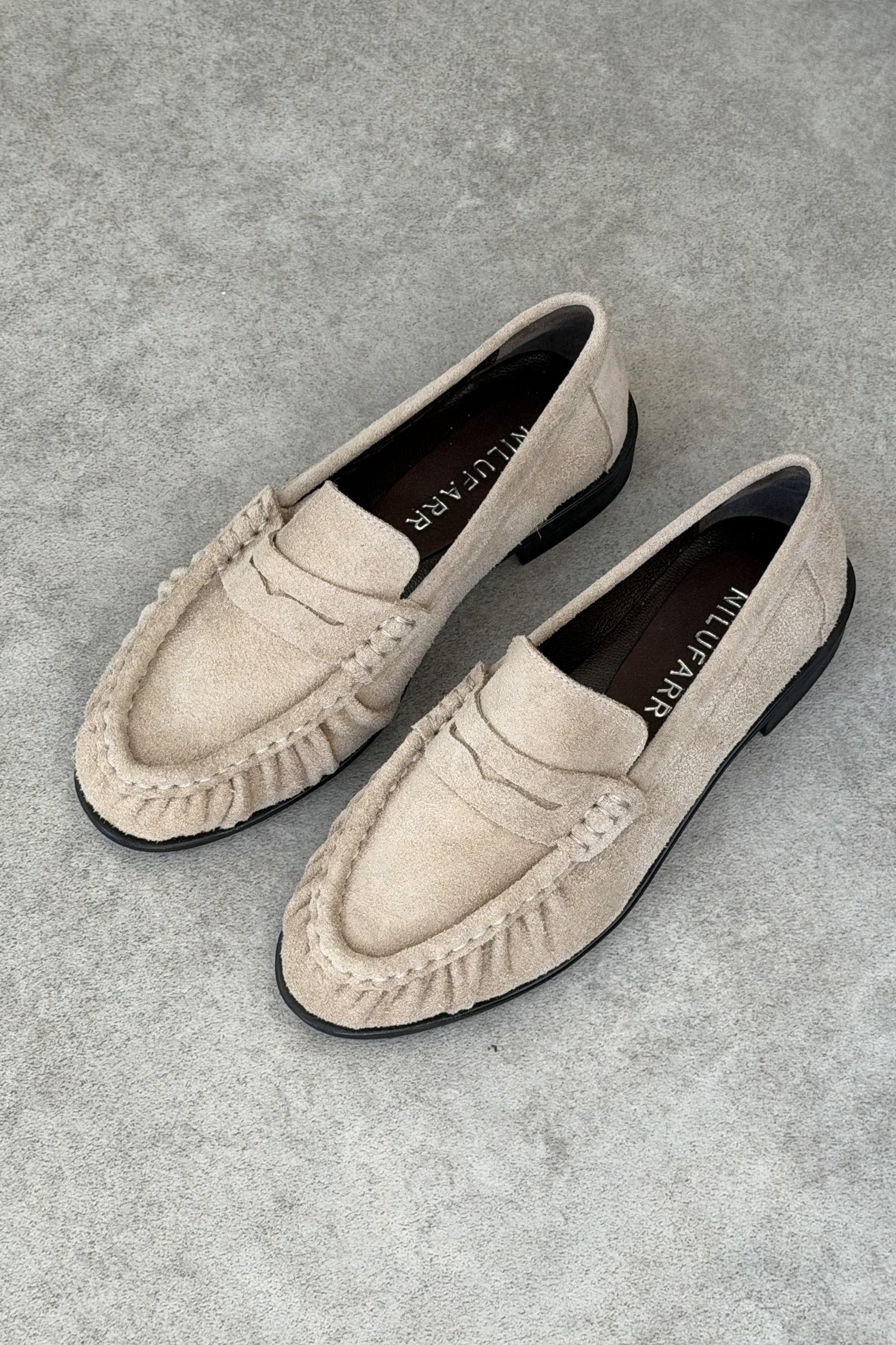 Mante Bej Süet Hakiki Deri Kadın Loafer Ayakkabı