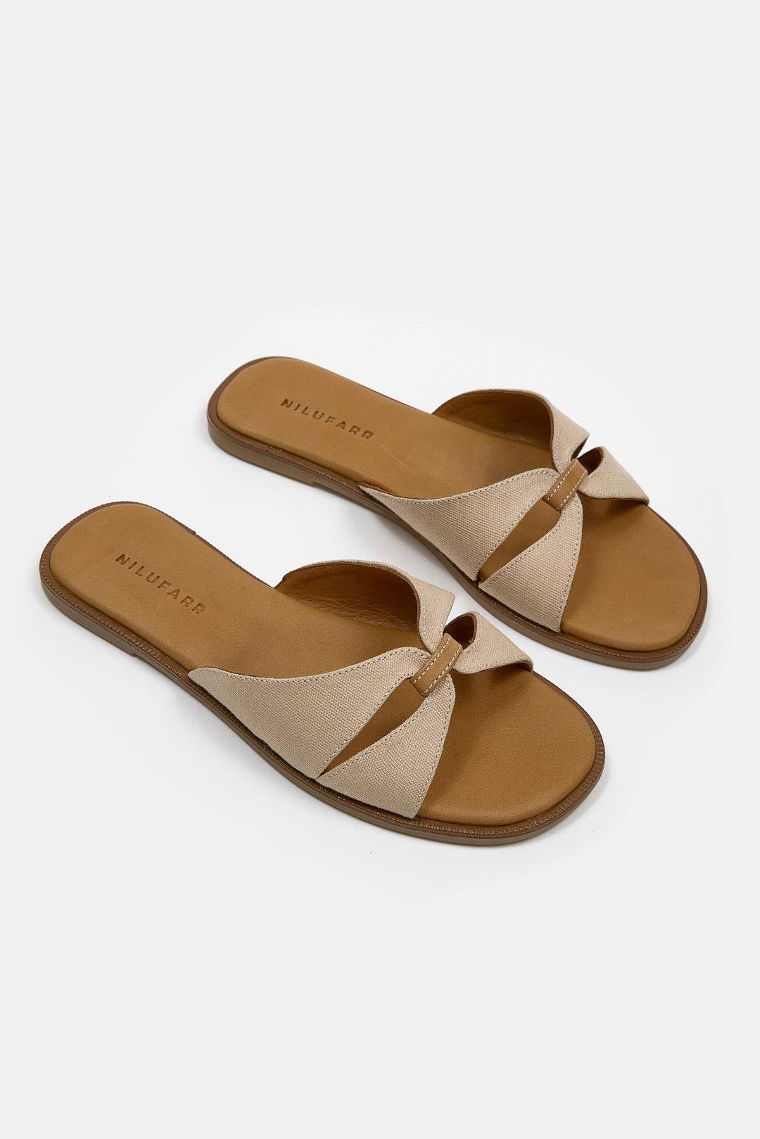 Marbelys Bej Keten Hakiki Deri Kadın Terlik