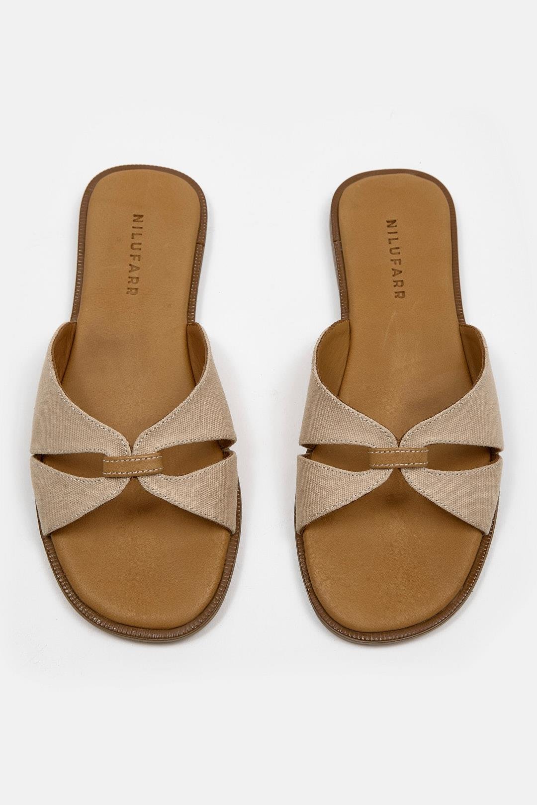 Marbelys Bej Keten Hakiki Deri Kadın Terlik
