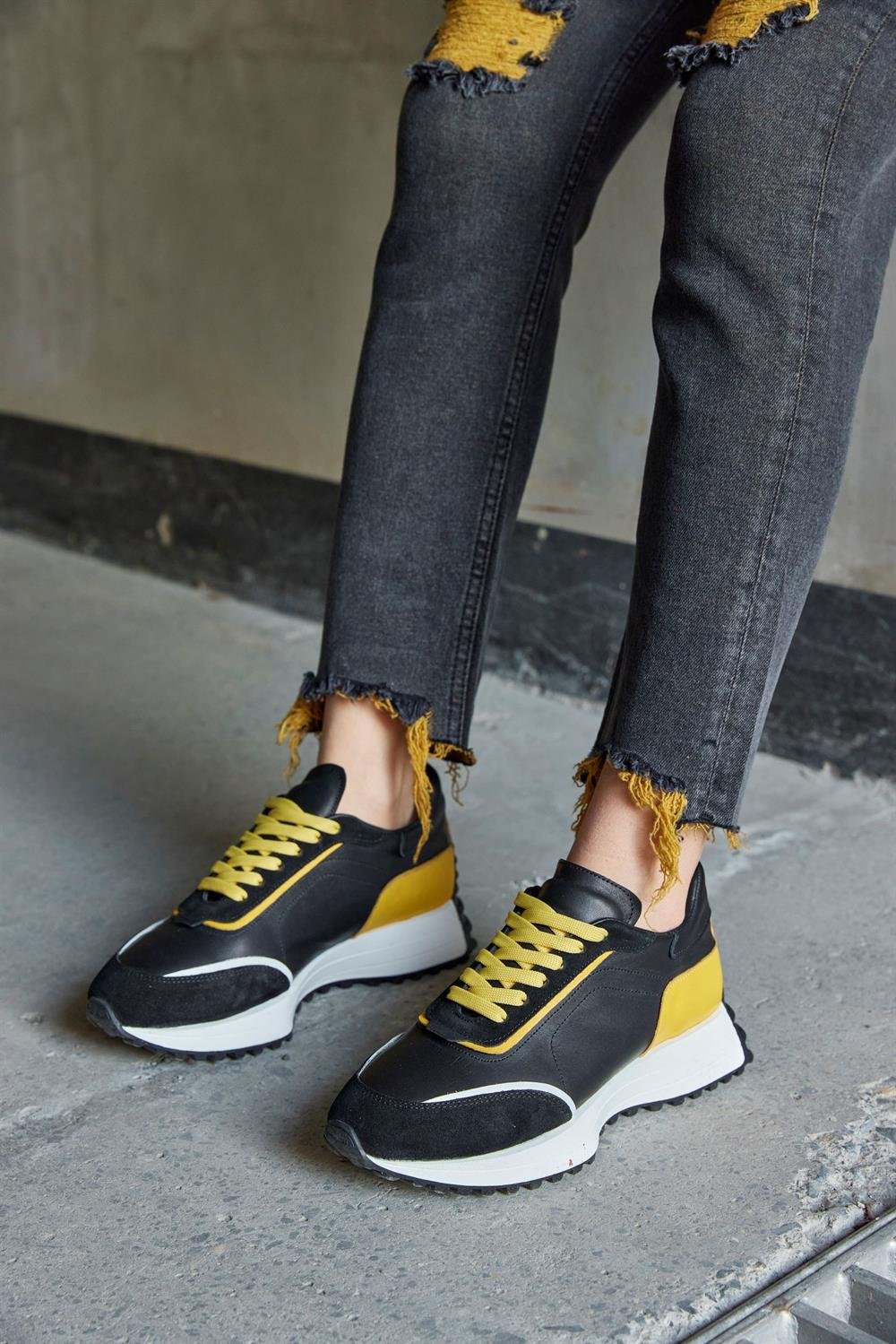Marina Siyah/Sarı Hakiki Deri Kadın Sneaker