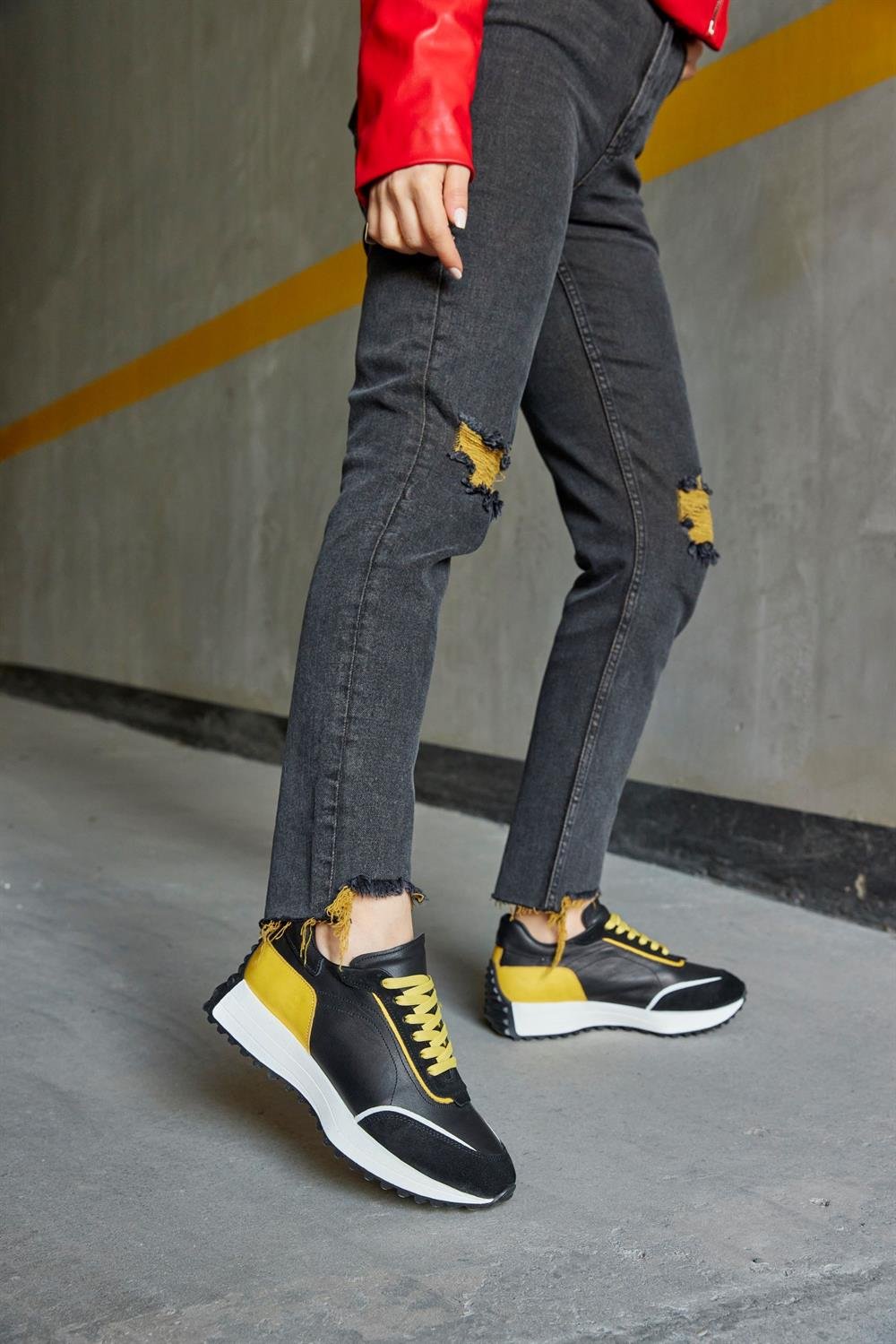 Marina Siyah/Sarı Hakiki Deri Kadın Sneaker