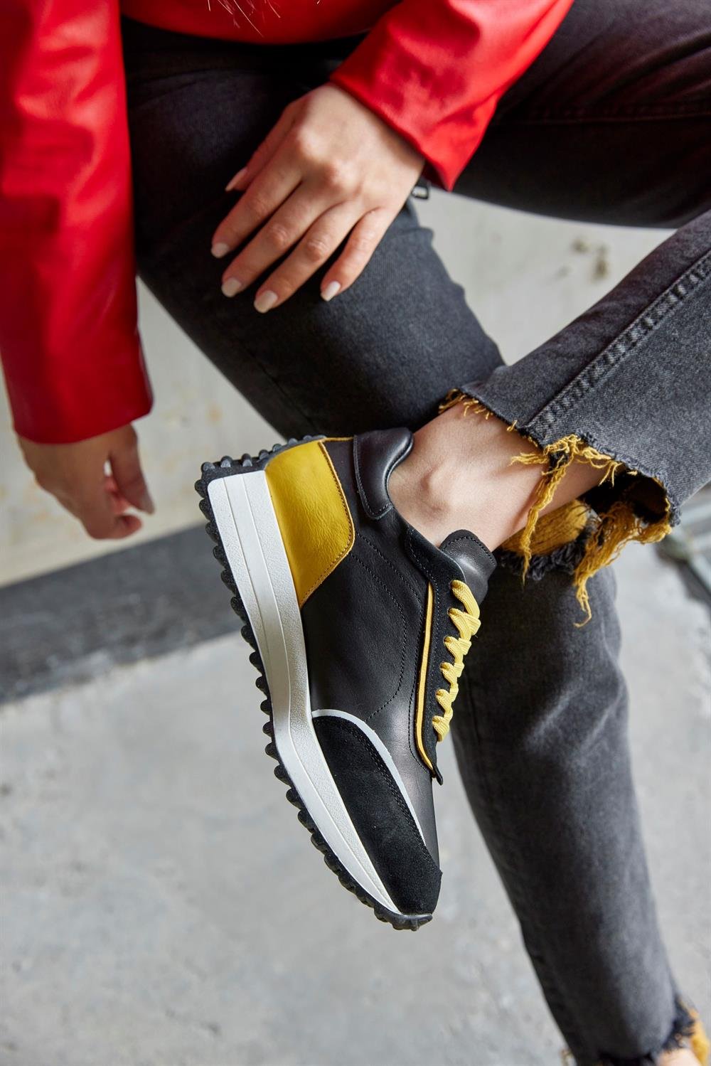 Marina Siyah/Sarı Hakiki Deri Kadın Sneaker