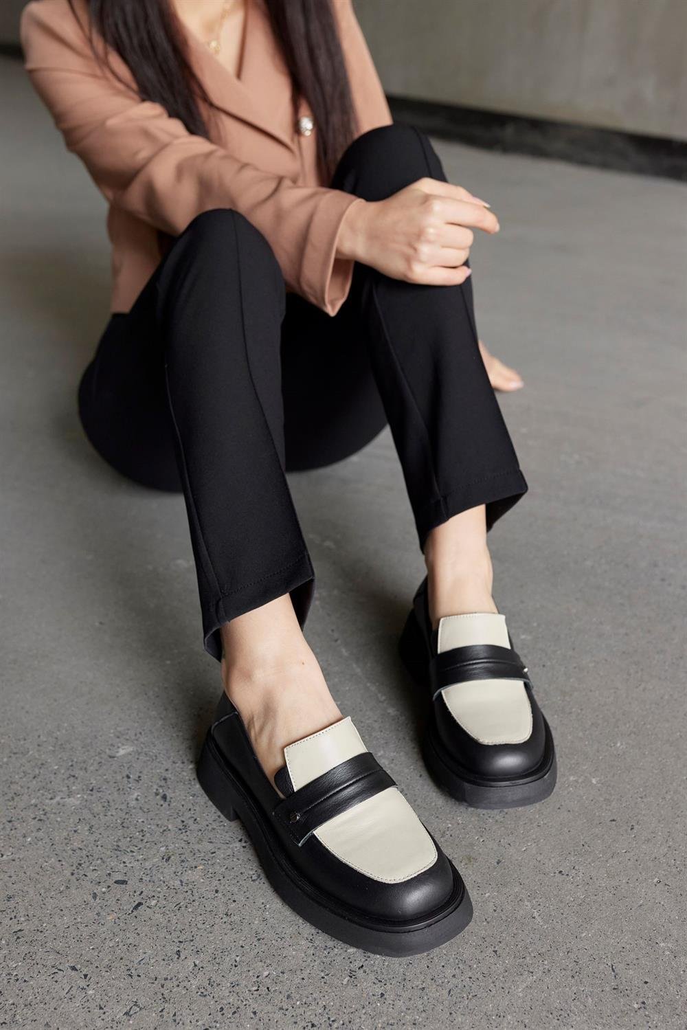 Marissa Siyah/Bej Hakiki Deri Kadın Loafer