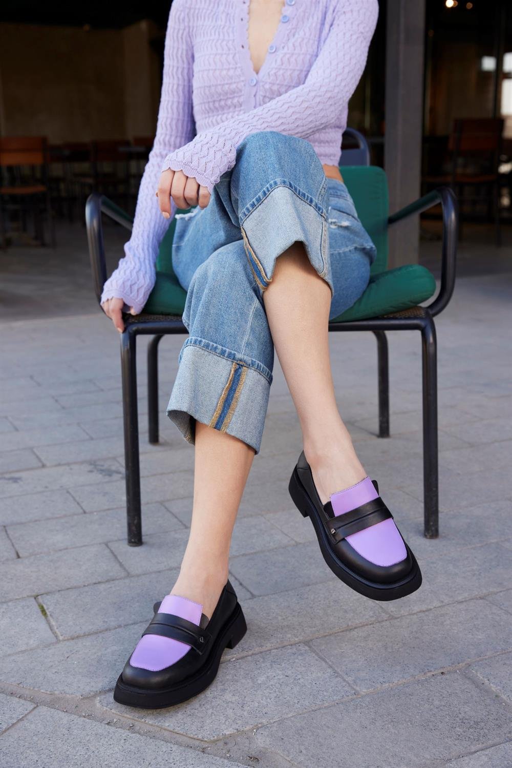 Marissa Siyah/Lila Hakiki Deri Kadın Loafer