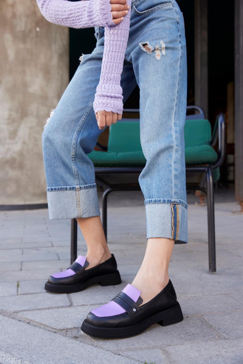 Marissa Siyah/Lila Hakiki Deri Kadın Loafer