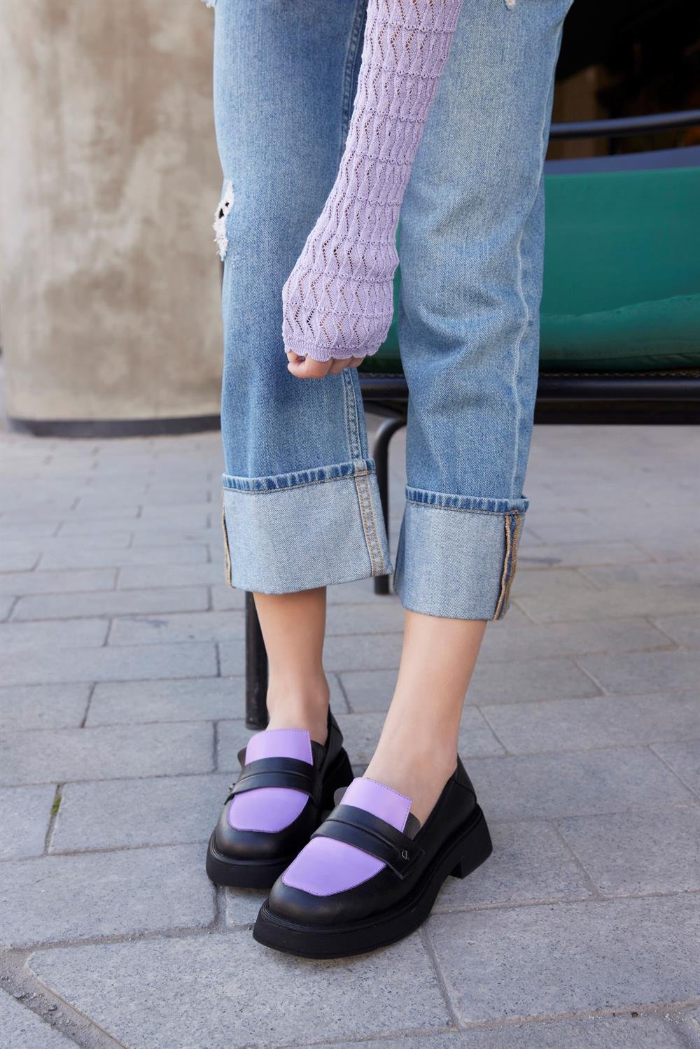 Marissa Siyah/Lila Hakiki Deri Kadın Loafer